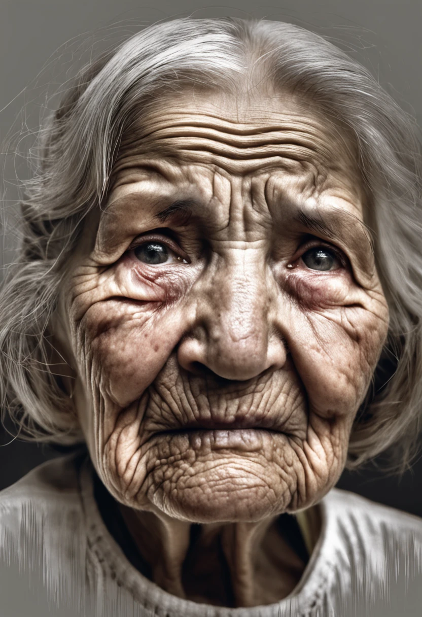 Depict an image of an elderly woman of old age, whose face reveals a deep and palpable sadness, with tears streaming down her worn wrinkles. The expression on her face is charged with emotion, her eyes clouded by crying and her lower lip trembling. The wrinkles on her skin tell stories of a life full of ups and downs, and each line seems to echo the sadness she is feeling at the moment. The soft lighting highlights the features of the elderly woman’s face, while the background is kept in soft tones to emphasize the emotion in the foreground. The image captures a moment of deep pain and disconsolate, inviting the viewer to connect with the complexity of human emotions and the fragility of life.