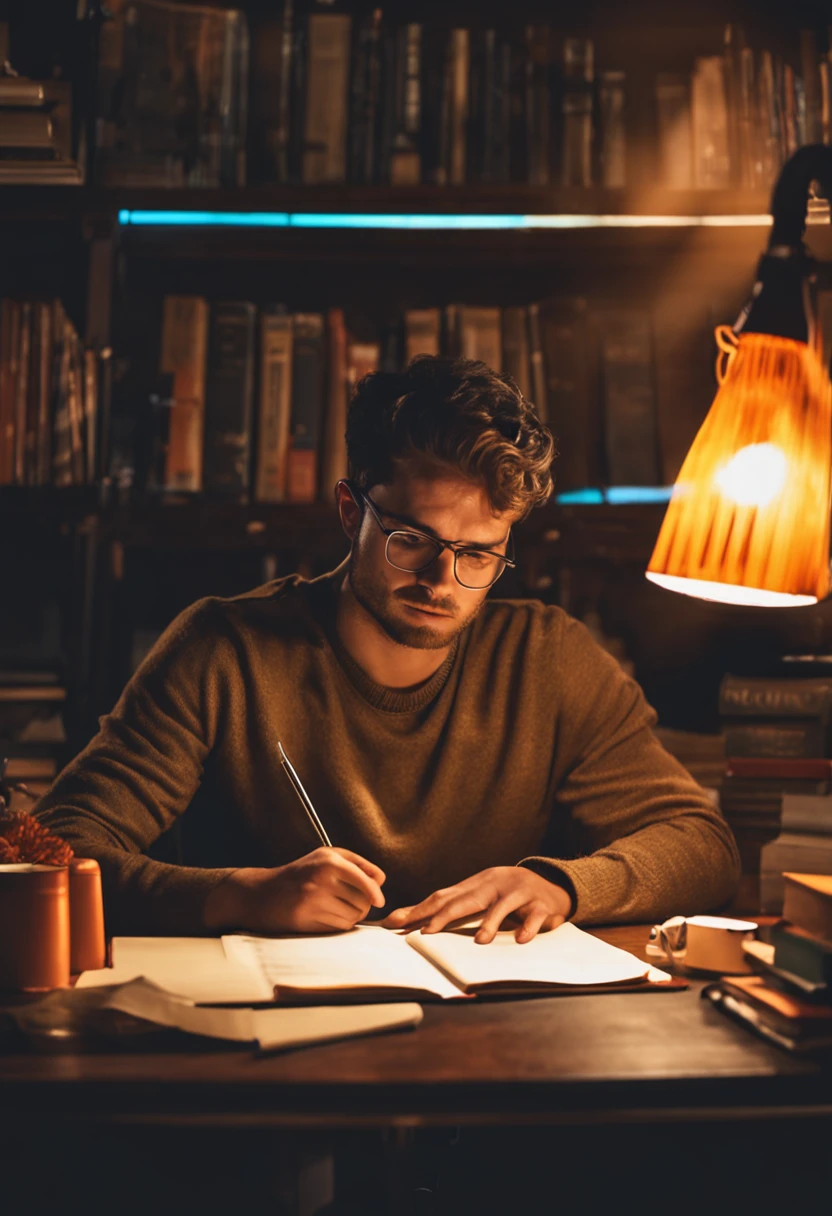Student studying with glasses at his desk in low light with lamp at midnight