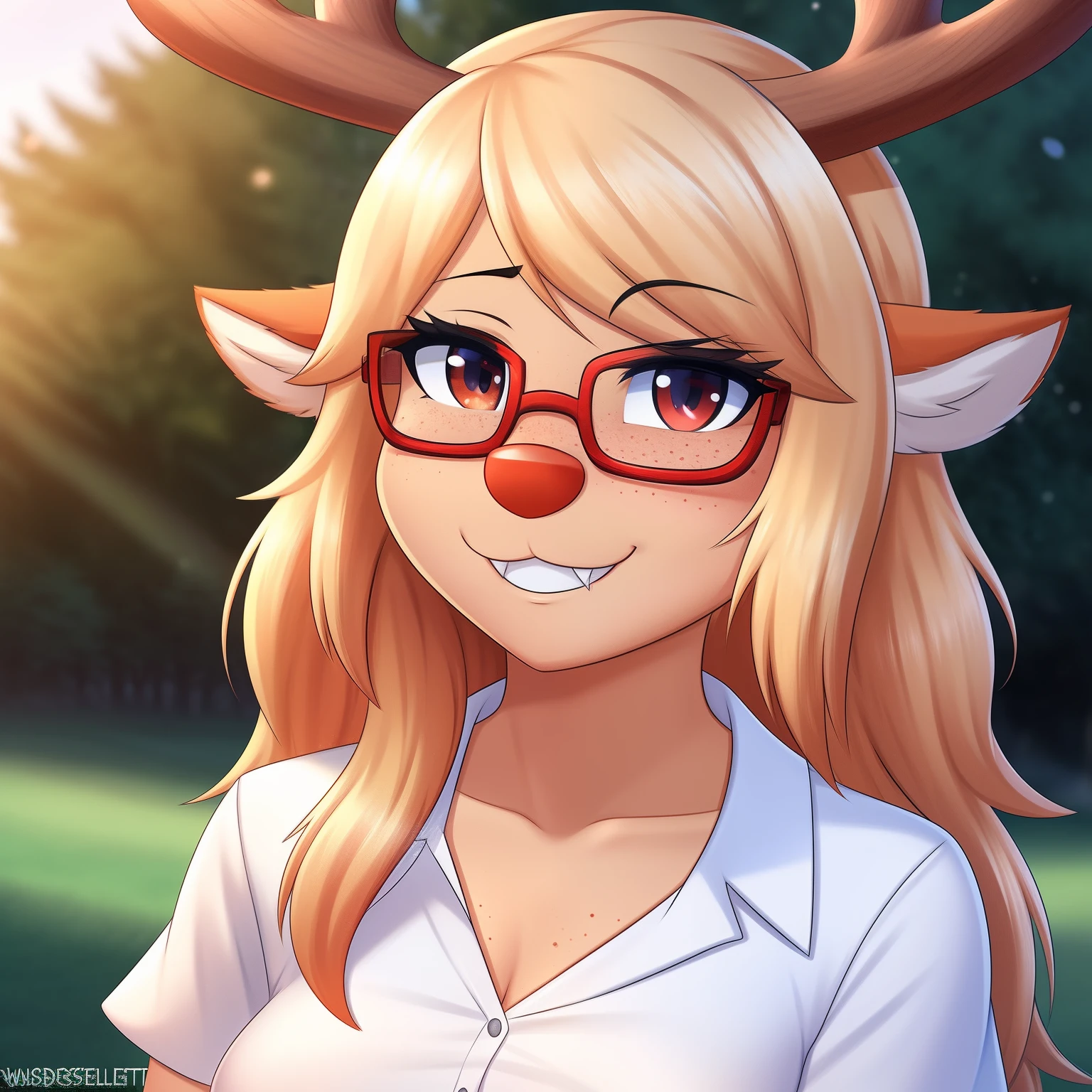 Noelle from Deltarune, professional art made by twistedscarlett60, female, antlers, reindeer, freckles, red nose, orange body, solo, artist:twistedscarlett60, glasses, white shirt, short sleeves, fangs, smug face, upper body, cute, 8k, outdoor