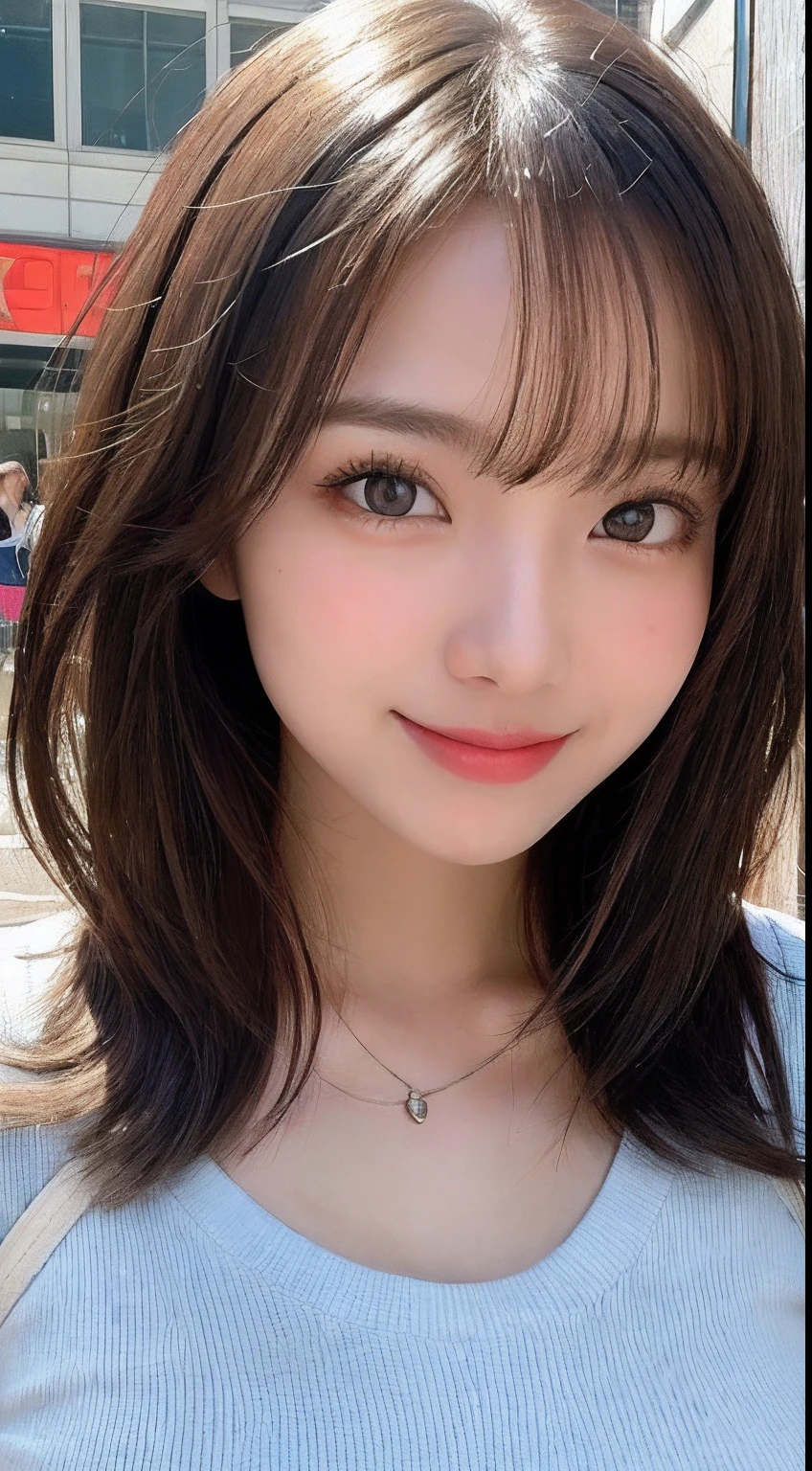 In detail, High resolution, high quality、Perfect dynamic composition, Beautiful attention to detail, Medium Hair,Natural color lip,Kamimei、Shibuya Ward、20-year-old girl、1 person、Clear Skin、Shiny Hair、Tabletop, 最high quality, figure, Super detailed, In detail, High resolution, 8K、The correct state of the human body、Random pose、Sculpture model pose,Hair dancing in the wind,Hair length,big ,Huge cleavage, Bold sexy pose,huge 、Close-up of face、smile、Smiling