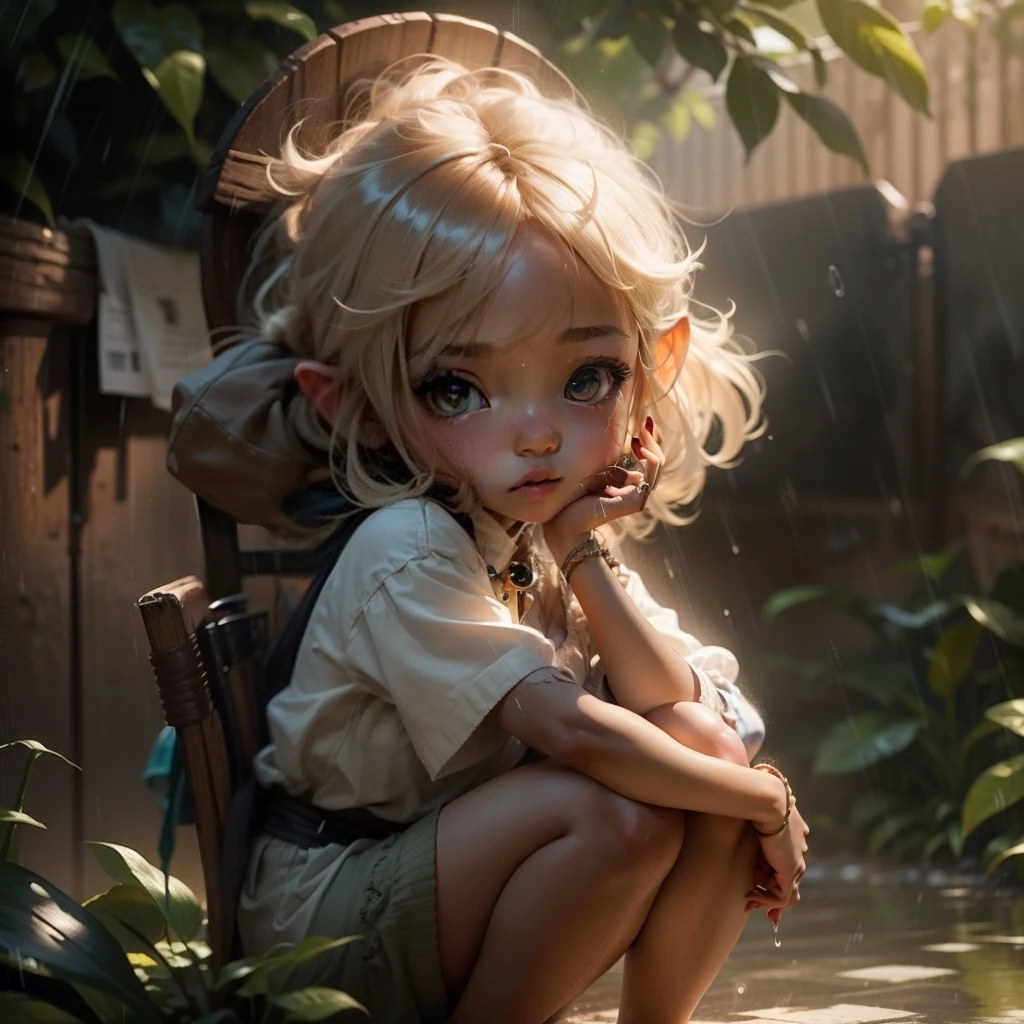 A beautiful pretty girl chibi, playing on rain, brown skin