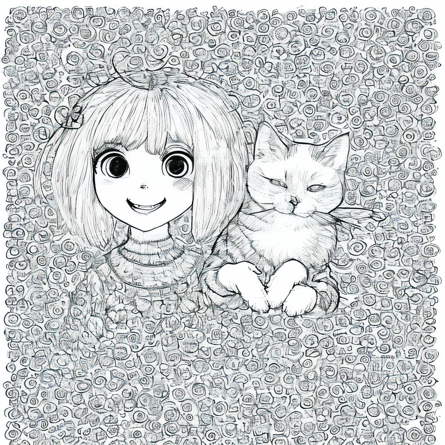 black and white coloring book cartoon of one woman with her cat , desenho animado bonito, muito bonita gatinha fofa, menina Chibi, arte digital bonito, cartunesco bonito, arte fofa, estilo de arte bonito, estilo bonito dos desenhos para livro de colorir, personagem bonito, personagem bonito dos desenhos animados, estilo Chibi, Ruan Vtuber Fofo, listrado one cat , Chibi, white background