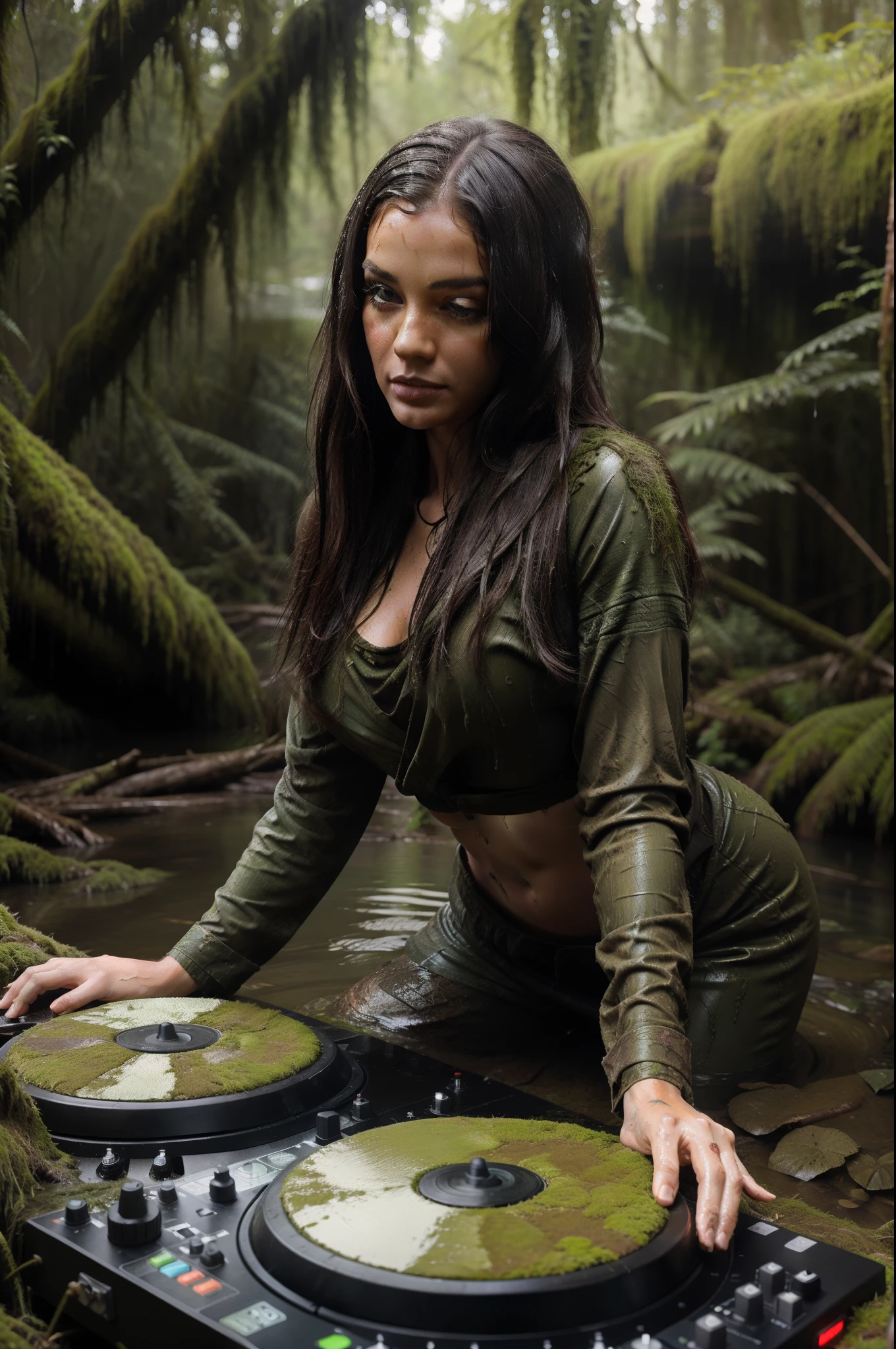 female wrapped in overgrown wet dirty moss djing on a swamp mossy dj viynls mixer