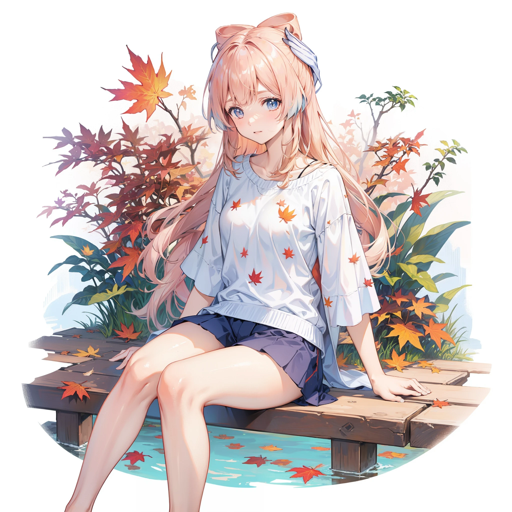 autumn leaves pattern white background, sitting in the middle, casual outfit
