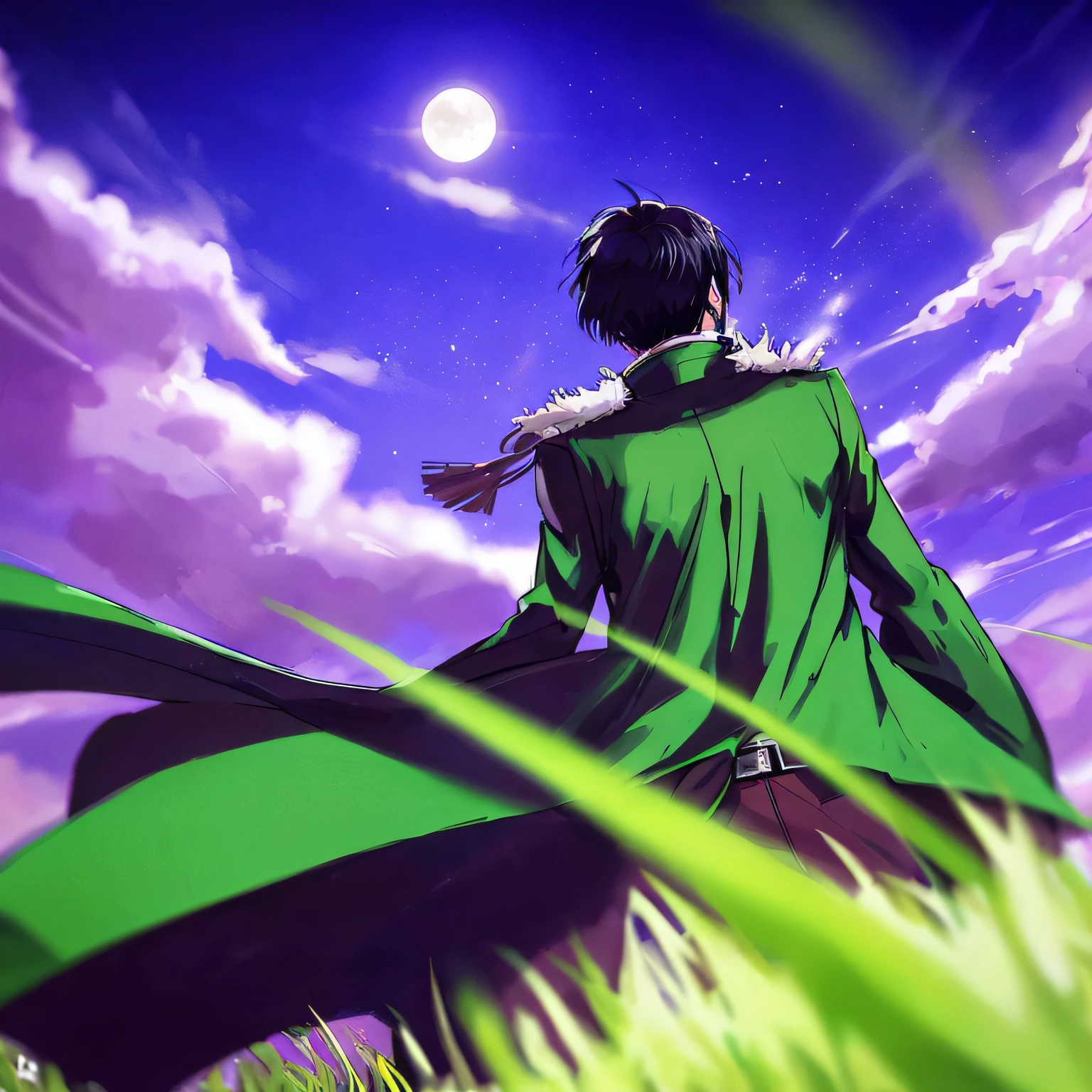 1man,highly detailed,high res, (Levi Ackermann),attack on titan,black hair,solo, outside, detailed eyes, full face, ruins,flames,black smoke,(three-dimensional_maneuver_gear),(blurred_background) dephts of field, long distance wide shot of a man in a giant green field, back vision, shot from the ground, short black hair, green coat, black pants, handsome strong powerful man in the wind, hands inside pockets, detailed green grasses on the ground, night time, purple blue sky with full moon in background, enigmatic, mysterious aura, masterpiece, best quality, soft focus, ultra detailed textures and pixels, trending on facebook, high quality, by a-1 pictures studio, anime