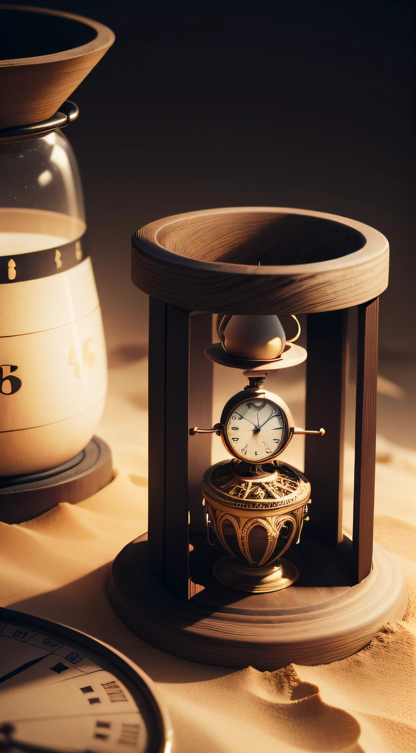 A metaphorical image that represents time as a sand clock and various people around. Some people are letting the clock run out, representando falta de compromisso e pontualidade. Others try in vain to fix broken clocks, representando relacionamentos danificados. The image has a melancholy and somber color palette, transmitindo arrependimento. The focus is on the empty sand clock in the center, representing the main idea of the poetic text about not wasting our present time.