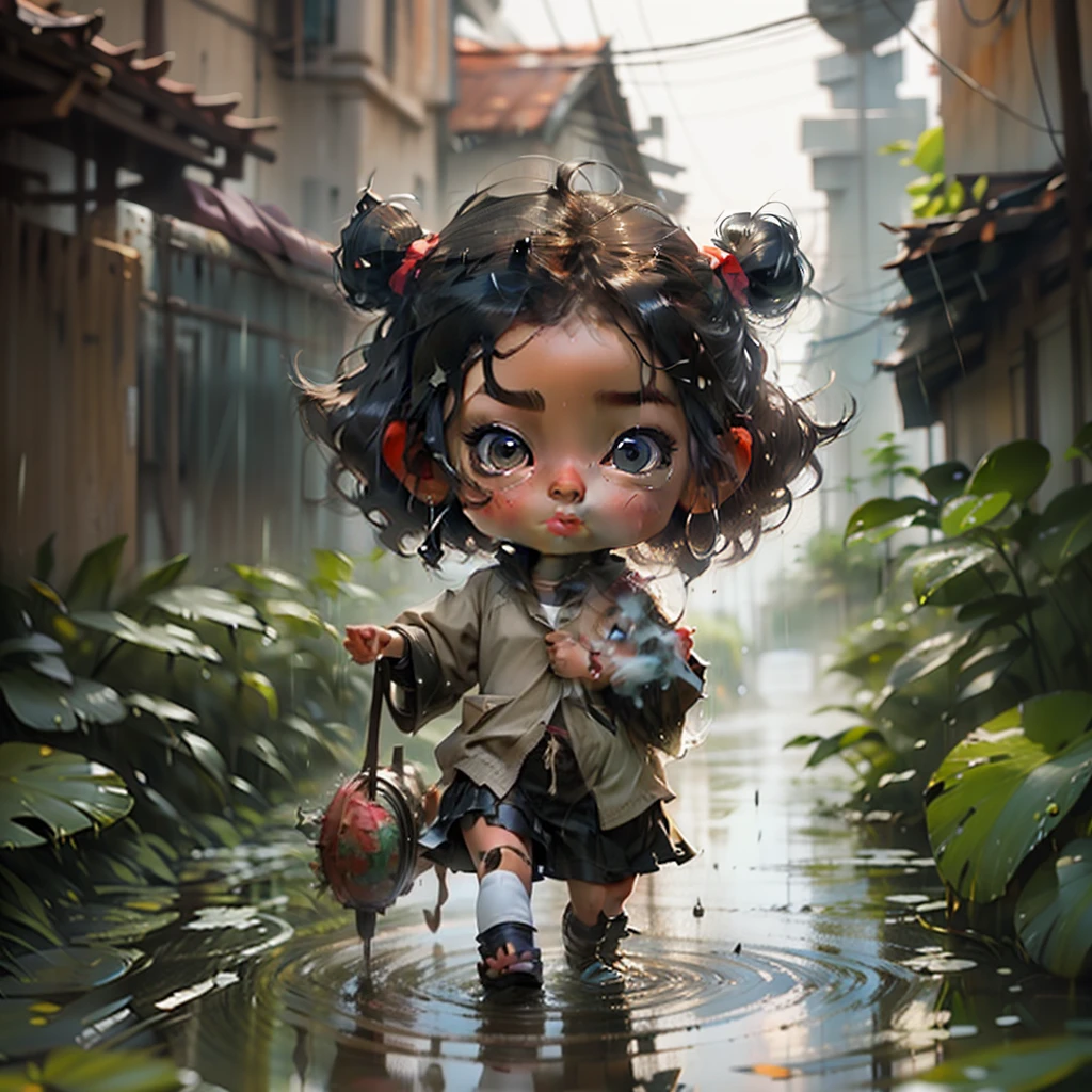A beautiful pretty girl chibi, playing on rain, brown skin