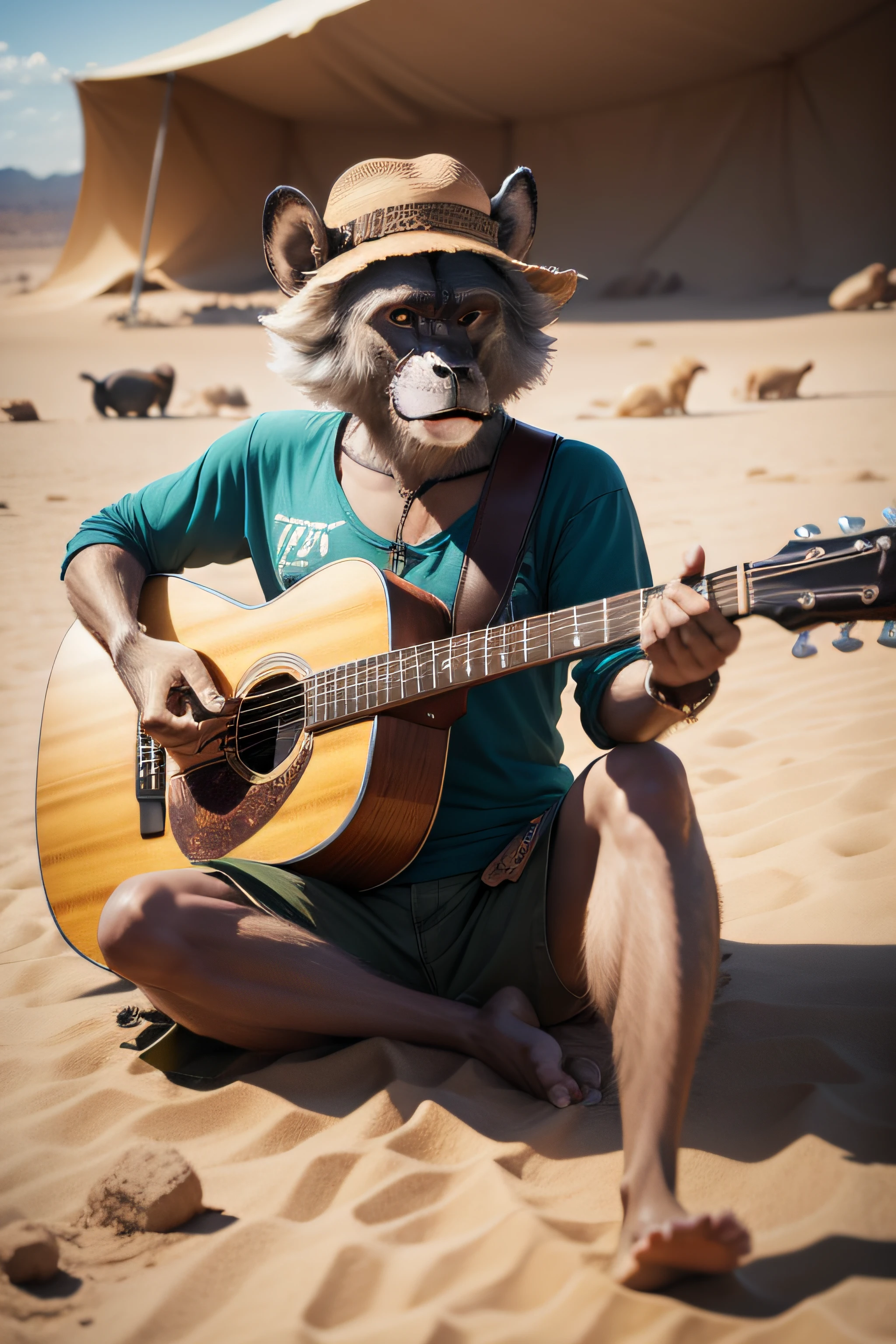 criar um macaco caipira tocando guitarra no deserto