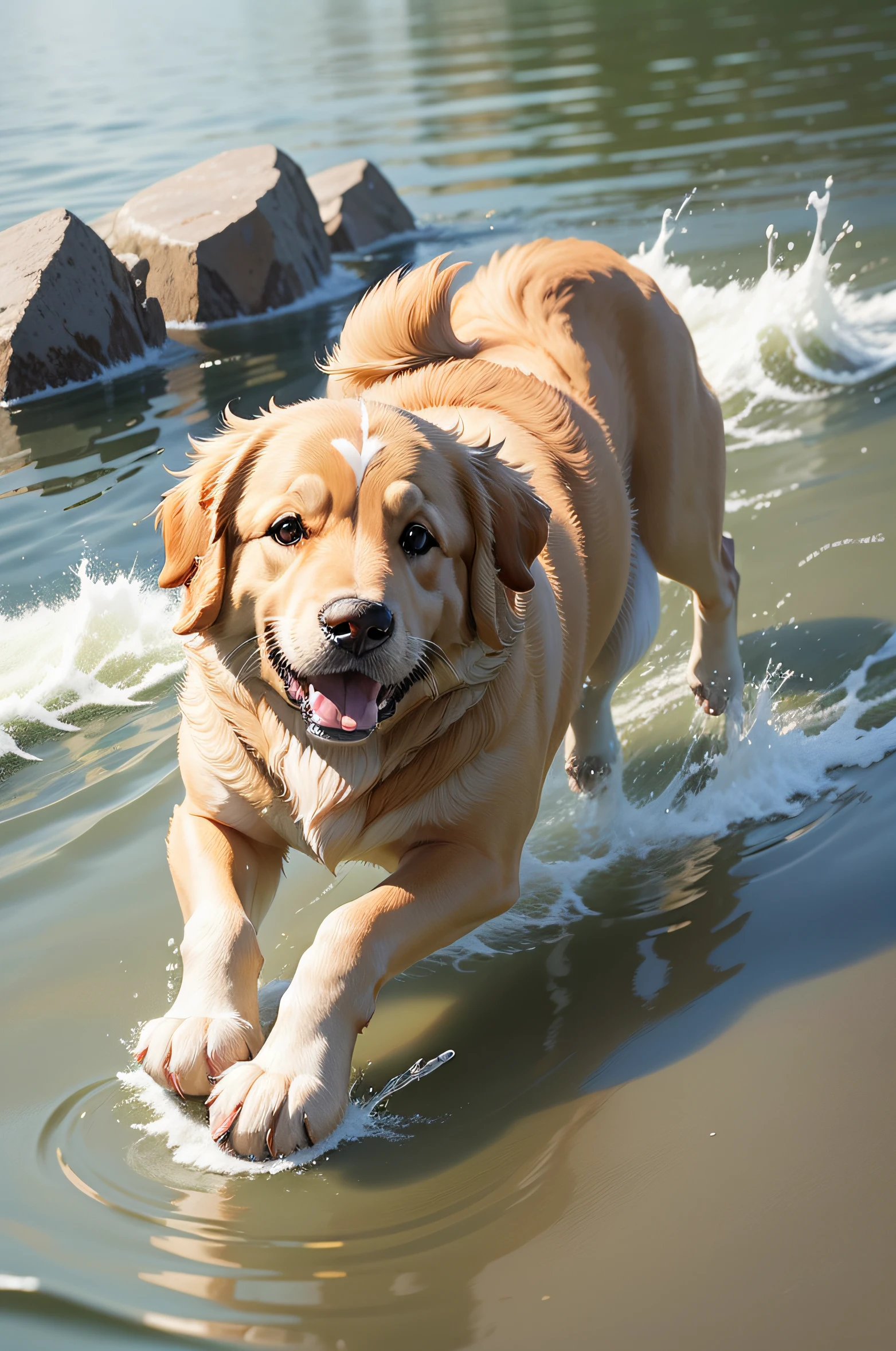 golden retriever playing in the water