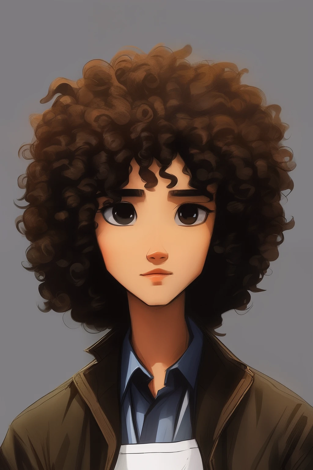 (masterpiece, best quality), intricate details, 8k, artstation, wallpaper, official art, splash art, sharp focus, 1boy, short curly hair, brown eyes, brown hair, wearing blue flannel, grey background, professional render, full body, casual outfit, city outfit, boy, long curly brown hair, long hair, wavy long hair, standing straight, t-pose