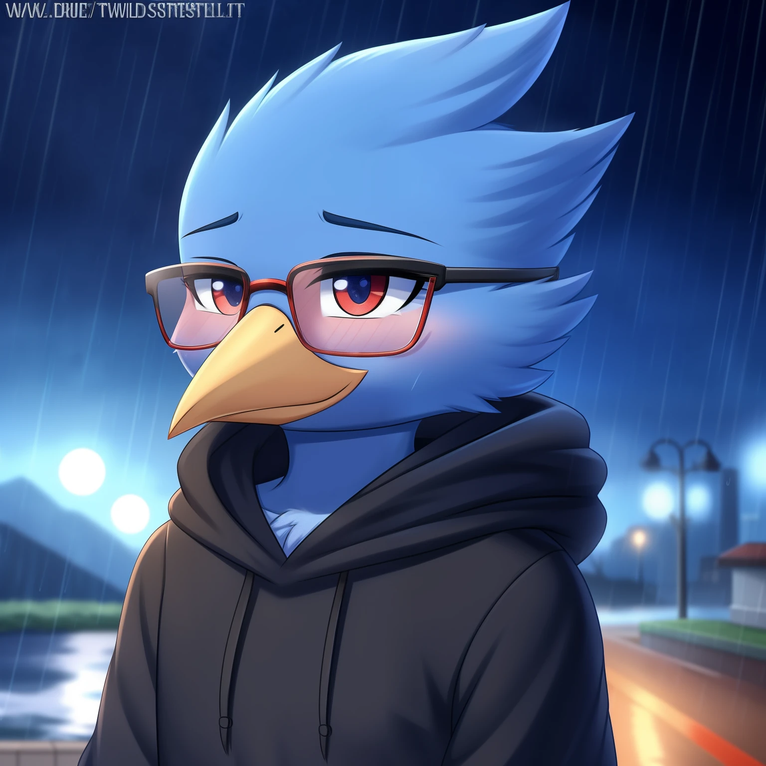 Berdly from Deltarune, professional art made by twistedscarlett60, male, solo, avian, bird, blue body, blue feathers, blue skin, artist:twistedscarlett60, glasses, black hoodie, bust, chibi, cute, 8k, outdoors, rain, night