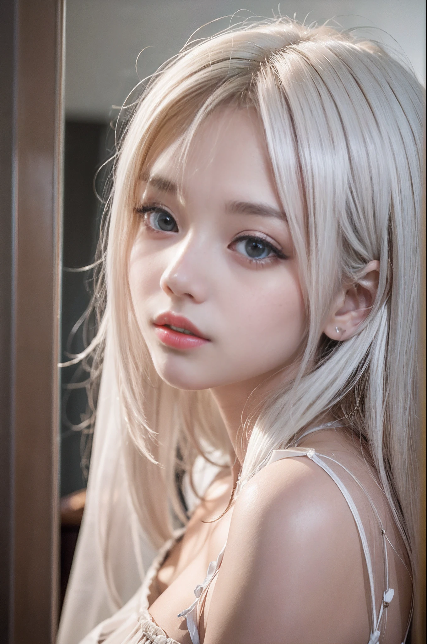 14Caucasian model at the age, Lying on the bed写真,((Clean clothes)), wearing a white school uniform, Natural light, Pretty Caucasian Woman, white hair, A sloppy smile, (8K, Live shooting, highest quality, masterpiece: 1.2), masterpiece, super detail, , High-definition RAW color photo, , , , , , highly detailed eyes, realistic skin texture, highly detailed fingers, very detailed nose, highly detailed mouth, , Lying on the bed, , See-through feeling、Transparent processing、wearing white school uniform、, White hair, Blue eyes, masterpiece, realistic skin texture, , shiny hair and white skin, 、 natural skin texture, A young woman who looks like a girl, A photo of the upper body above the stomach、Blue eyes, 、lowered eyebrows, innocent face, Eyes that look gentle, natural skin texture, round face, Kind eyes, long and pure white beautiful hair、, small face, No decorations attached, white, drooping eyebrows, Mont Blanc, white, drooping eyebrows、Eyes with sparkle