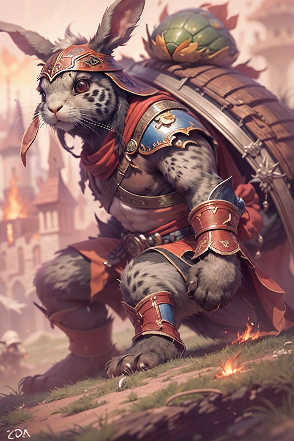 (anthropomorphic turtle),(rabbit warrior:1.4),coda,a tall body,Stout limbs,disdain,ran,tosen,The long hairs of the flame fluttered in the wind,combats,Dynamic lines,Dimly lit battlefield,Ruined castle,(stereoscopic perspective:1.4),Works of masters,super-fine,4K分辨率,high qulity,电影灯光,High picture detail,Detailed pubic hair,Epic shooting,Clearly focused hair,Detailed hair depiction,acurate