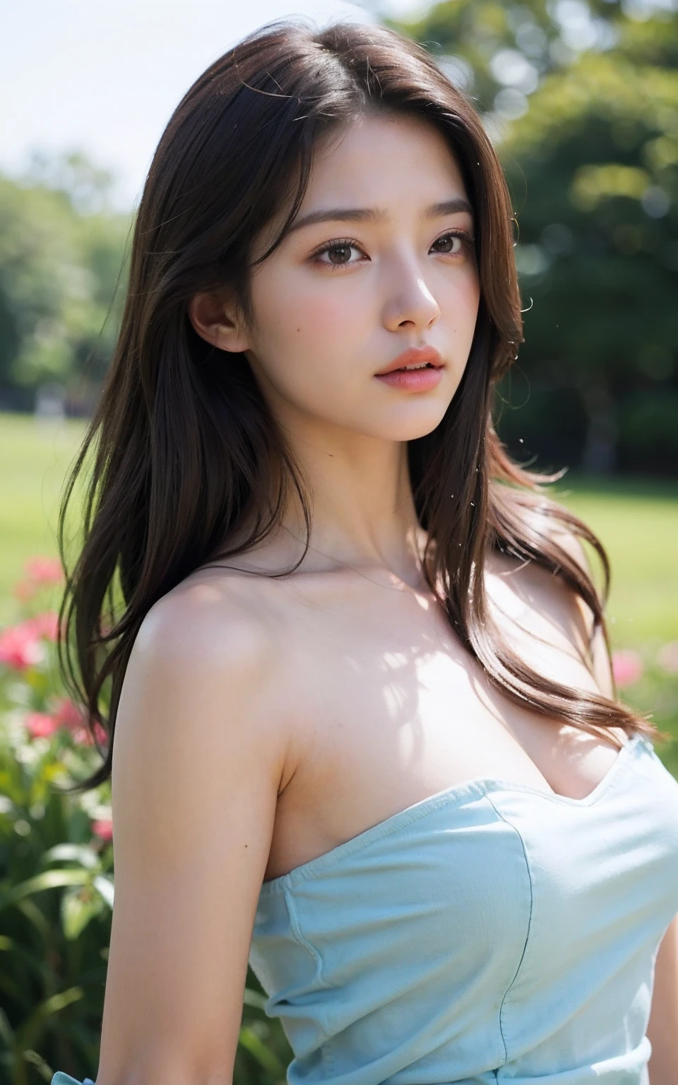 (Raw photo, Best Quality), (Realistic, Photorealsitic:1.3), masutepiece, Extremely delicate and beautiful, Soft light, (Brown hair, Shoulder-length straight hair swaying in the wind), Beautiful detailed girl, (Detailed fingers), extremely detailed eye and face, beautiful detailed nose, Beautiful detailed eyes, 1 girl, Japanese, Neat and clean beauty, Cute, (Half body:1.3), (medium breasts), Realistic face, Realistic body,