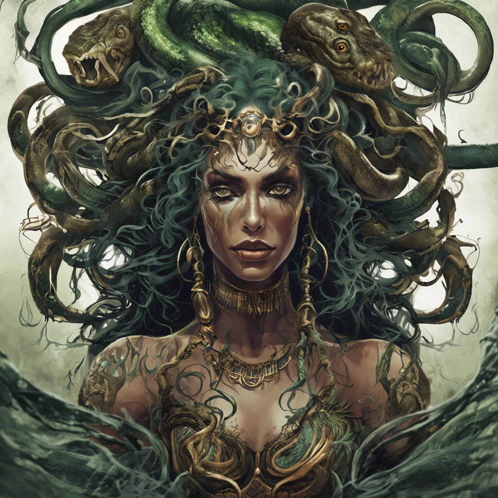 Medusa, the Gorgon of Greek mythology, in her cursed form with writhing snakes for hair, serpentine eyes that turn onlookers to stone, a haunting beauty tainted by her monstrous nature, capturing both her allure and danger, Digital Painting, using rich colors and intricate details to bring out her complex persona, --ar 16:9 --v 5, Best quality, Masterpiece, 超高分辨率, (photograph realistic:1.4), surrealism, Dream-like,fusionart, Shadowdancer, shadow magic, darkness control, stealth, shadowstep, umbral spells, hidden blade,