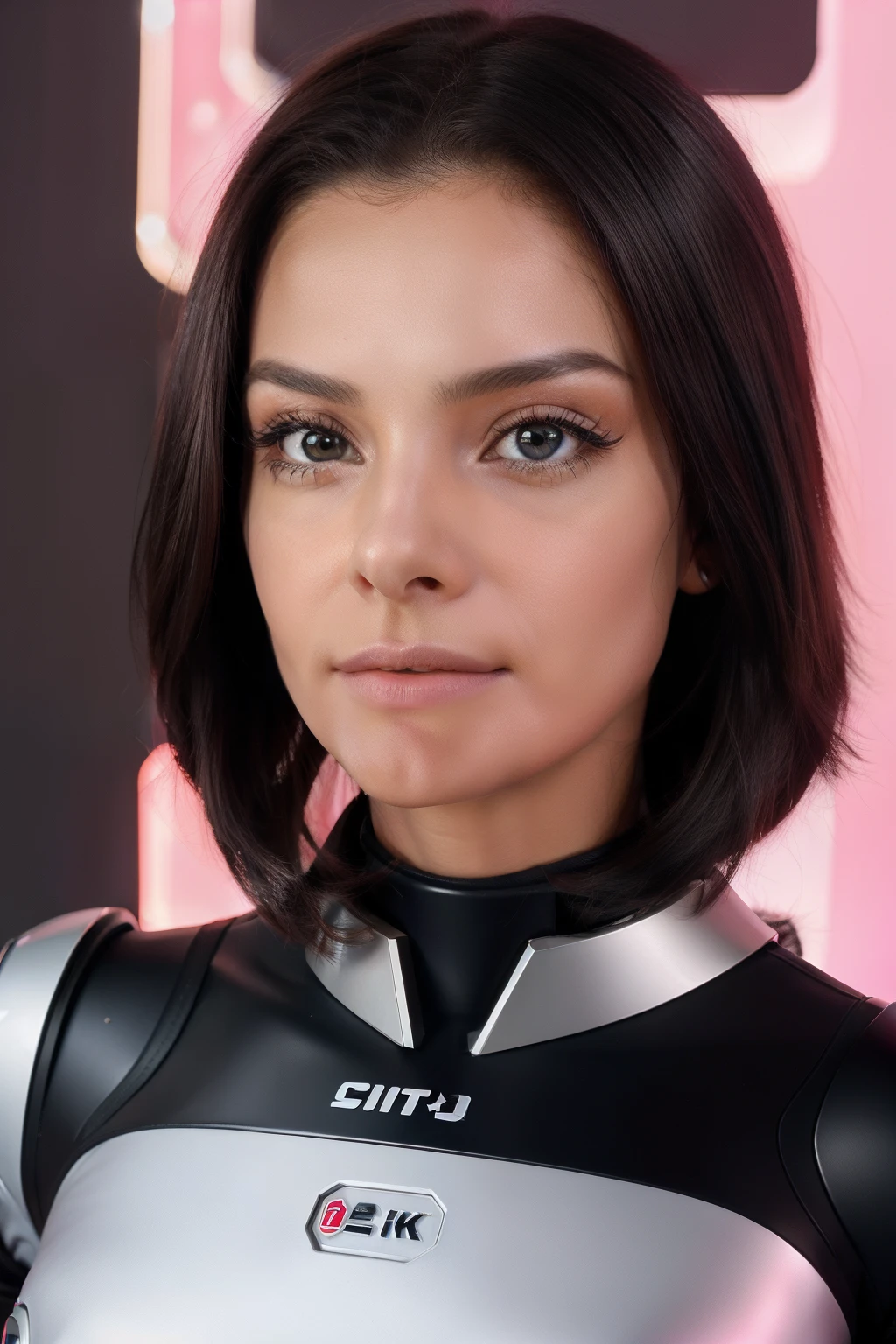 helmet on the girl's head, blanco, red and black robotic suit