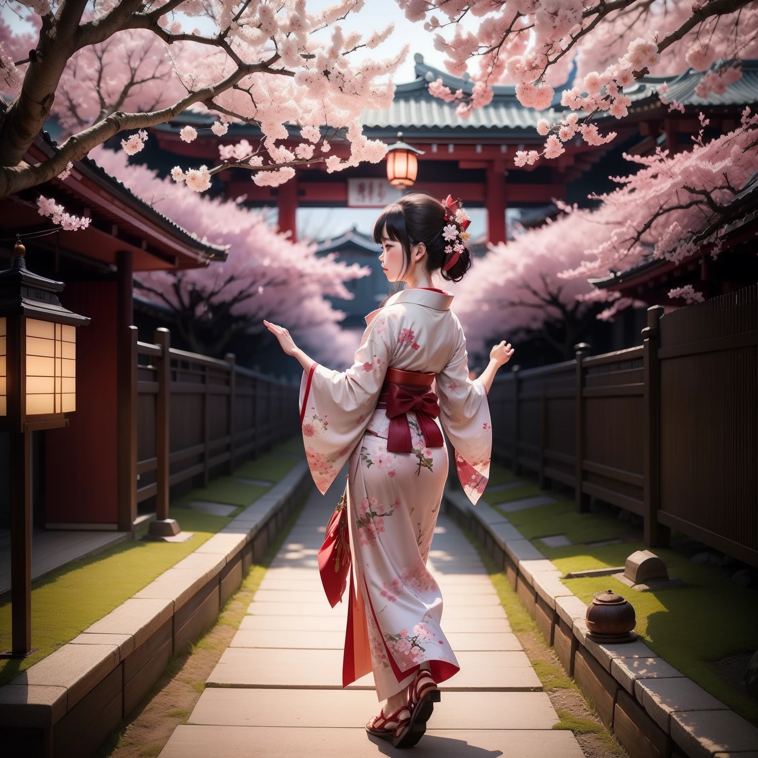 The beauty of the Japan、Wearing a kimono under a cherry blossom tree in full bloom、Scene dancing on a traditional stage。Fantastic atmosphere and beautiful nature theme。