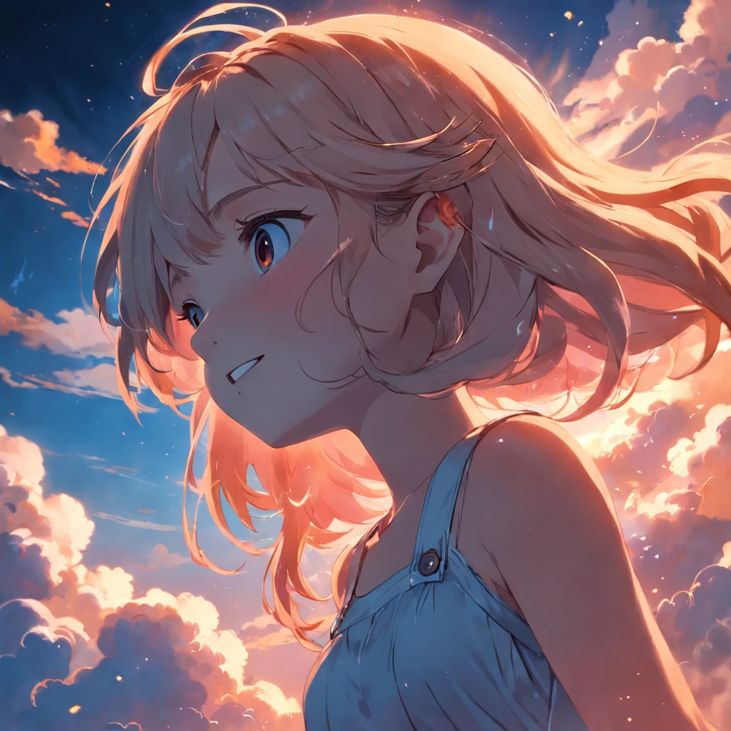 masterpiece, best quality, movie still, 1girl, cloud girl, floating in the sky, close-up, bright, happy, warm soft lighting, sunset, (sparks:0.7)