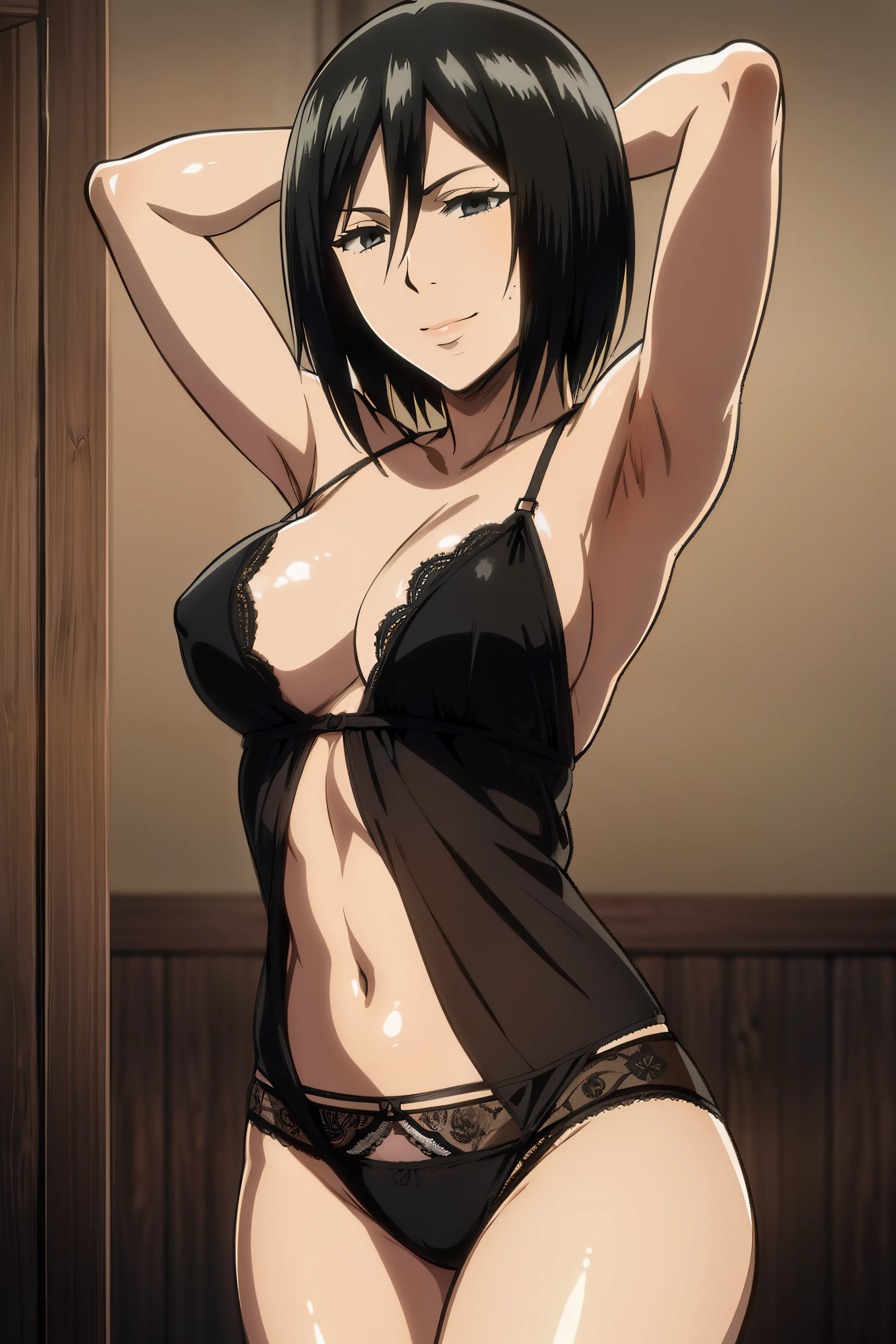 Dazzling, Armpits, intricate detailes, 1girl in, Mikasa Ackerman, (A dark-haired:1.3), hair between eye, short-haired, sideburns, s lips, shut, Yui, s lips, ​masterpiece, best qualtiy, hason, Baezon, Black eyes,Black eyes, muscle, medium breasts, gently smiling、Black underwear、Lace underwear、Erotic lace underwear