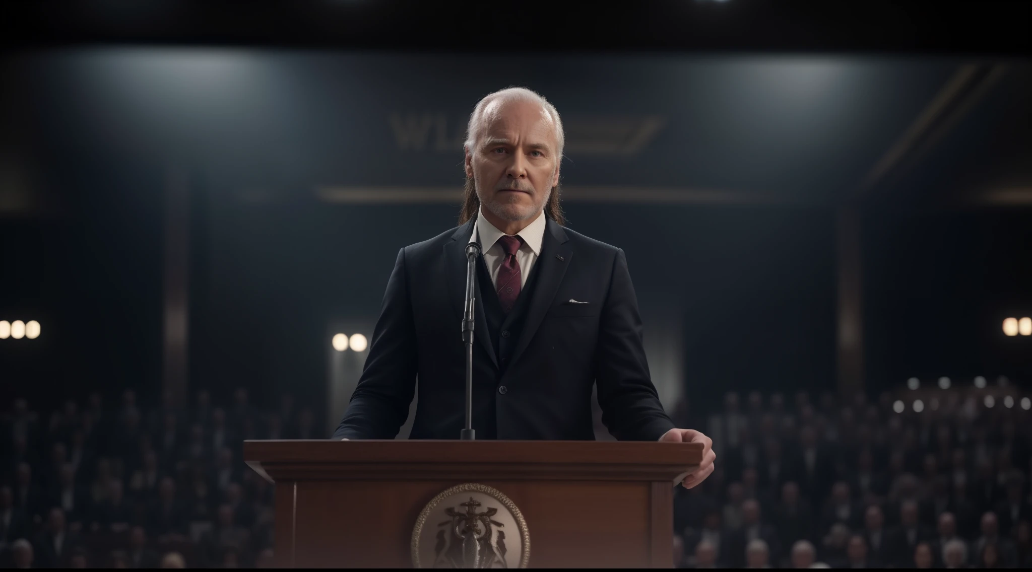 a close up of a man in a suit standing at a podium, movie promotional image, in the show westworld, photo still, portrait of hide the pain harold, official art, official, promotional movie still, still from a live action movie, screenshot from a movie, still from loki ( 2 0 2 1 ), inspired by George B. Sutherland