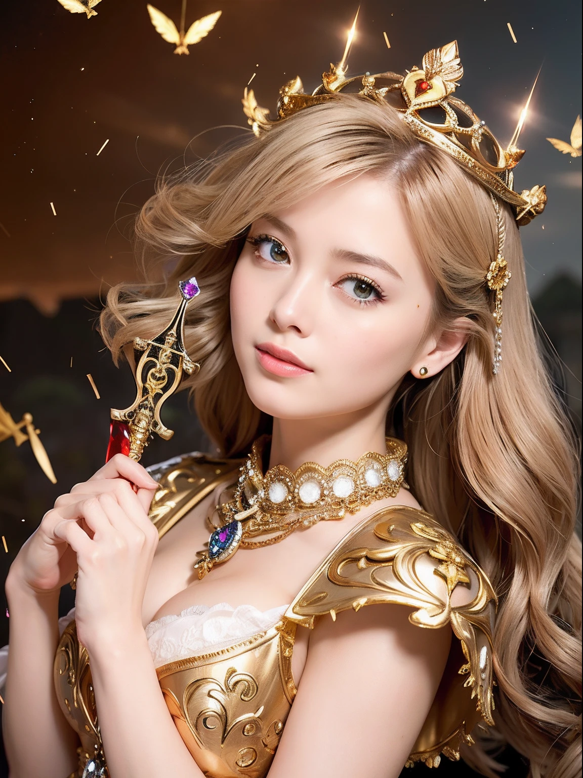 (masutepiece), Professional , masterpiece、top-quality、photos realistic , depth of fields 、(Wind element),tornado,Lightning,(Gemstone Silver Metal Body:1.9),(Matte White、(Gangle's forest background),(Brown hair long straight)、Luminescent particles,light scattering,Tindall Effect、((Jewel Gold Weapon))、(Castle background),Gorgeous metal weapons,(Detailed and realistic angel white wings) , Detailed Sword of the Brave , Beautiful knife 、delicated face、20 years girl ,warhammer 40k , adepta sororitas,Detail and ornate jewel crown、a blond、()、Beautiful Caucasian beauty、1a person、dynamic ungle,(((Detailed and ornate diamond crown)))、Smaller head、A smile、Powerful poses、Beautiful thin fingers of a woman、cleavage of the breast、Particles of light、