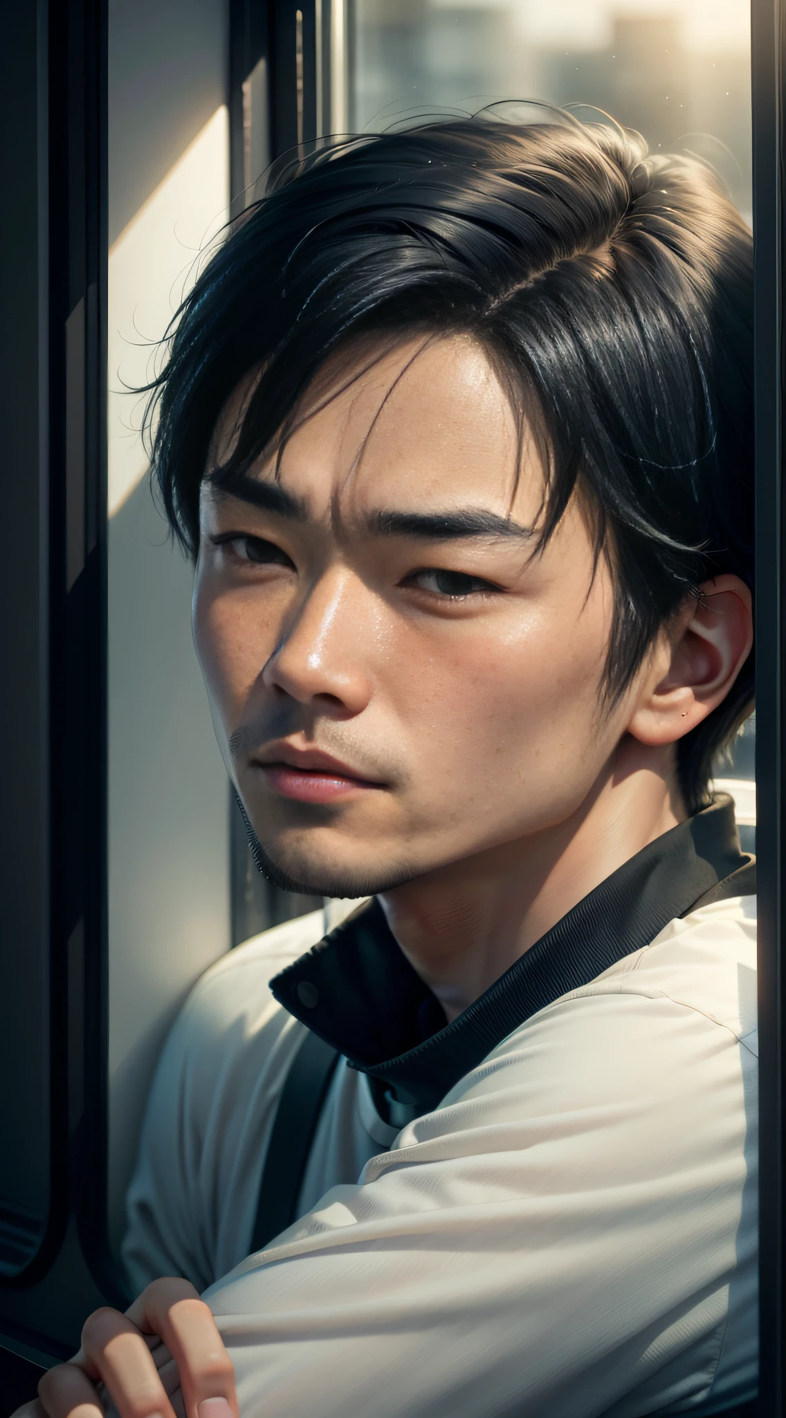 arafed asian man in a white shirt and black bow tie leaning against a window, japanese live-action movie, hiro, kousuke oono, close - up portrait shot, akihiko yoshida. unreal engine, up close shot shinji aramaki, anime portrait of a handsome man, soft portrait shot 8 k, inspired by Ueda Fumito