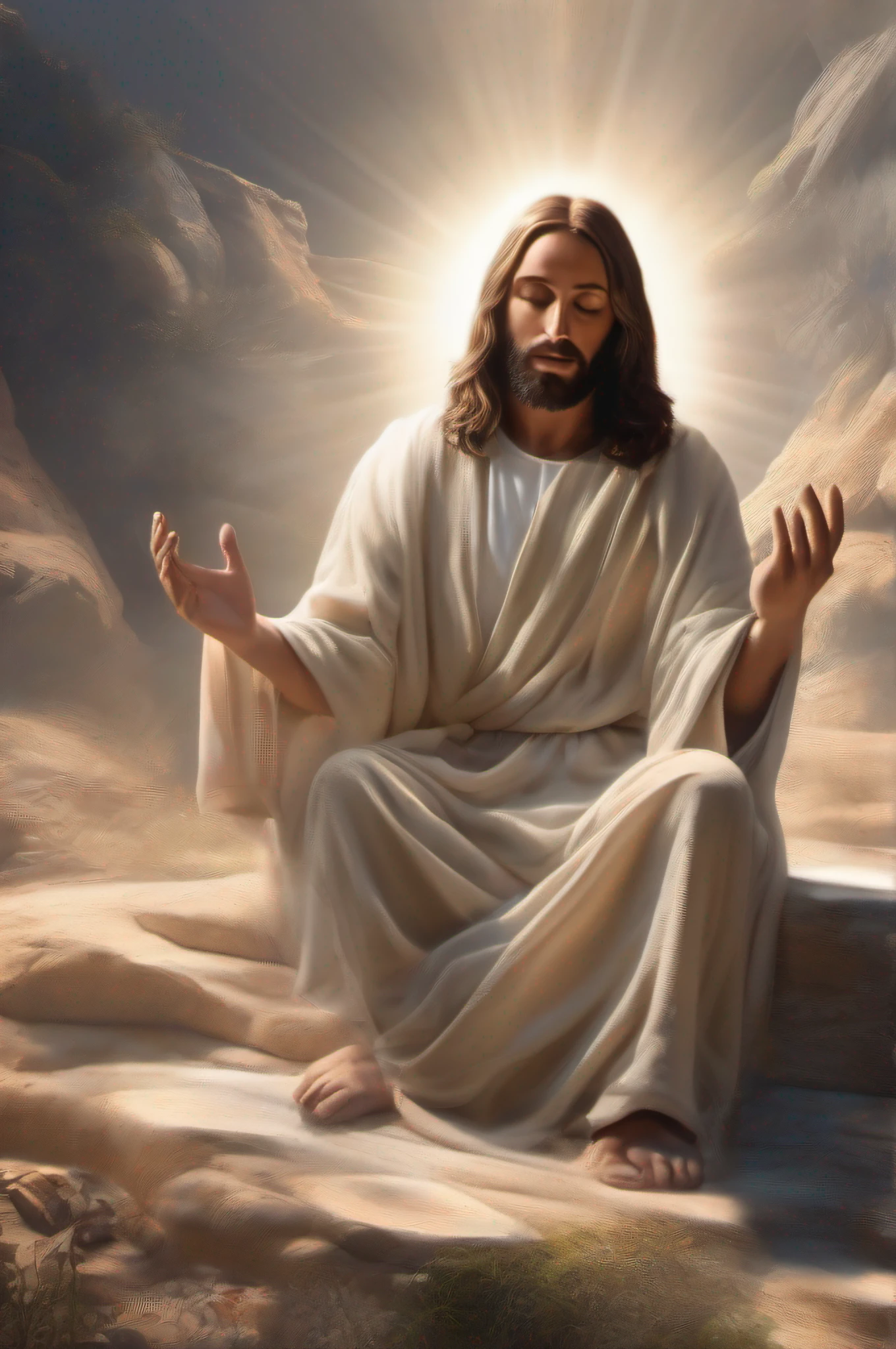 jesus meditando com olhos abertos, Jesus with perfect face and quartz in perfect hands in sunlit environment Environment with various smoky quartzes. Ultra realista