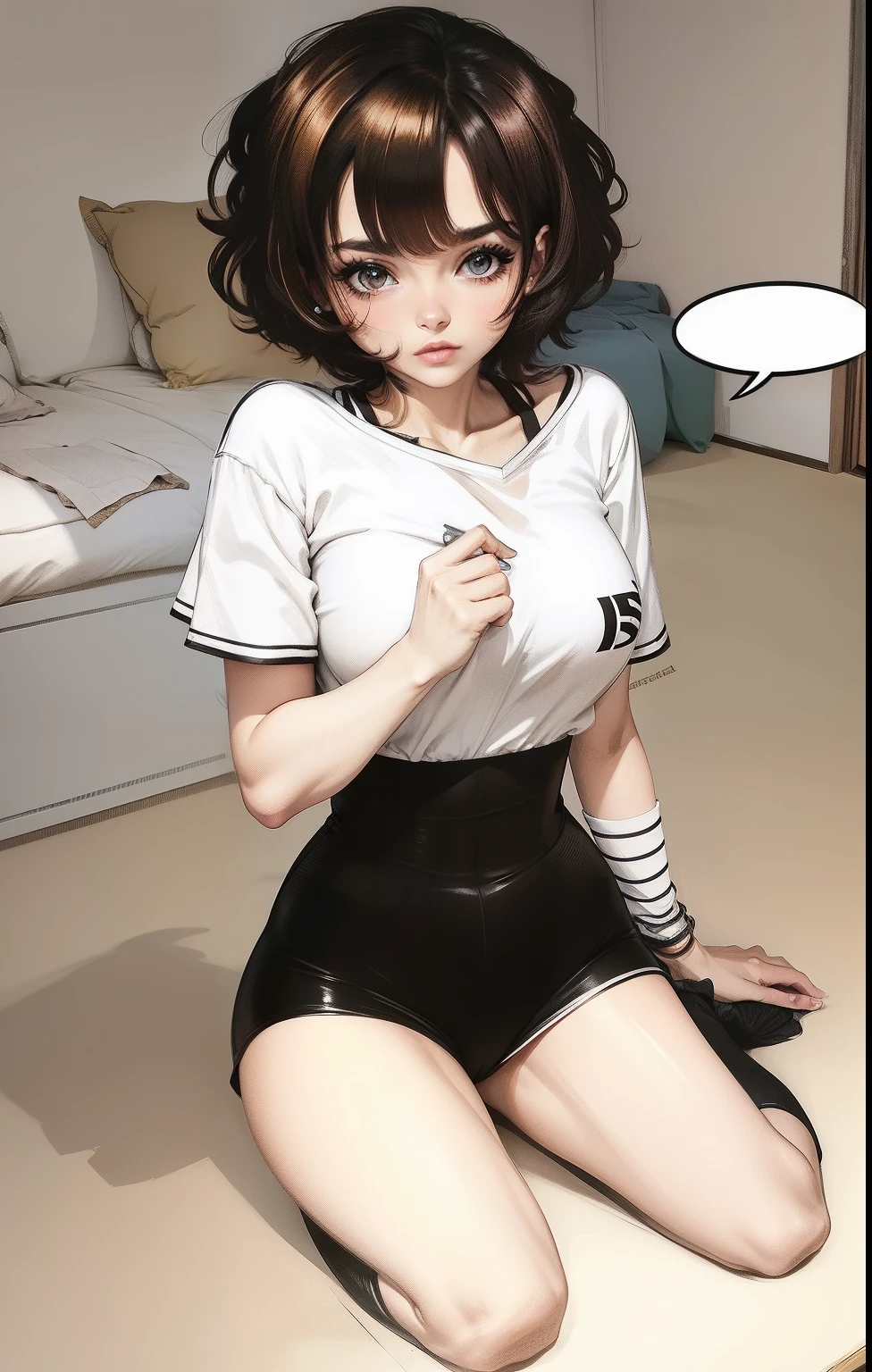 Realista de uma mulher, brown hair, olhos castanhos-escuros, blusa branca, short preto