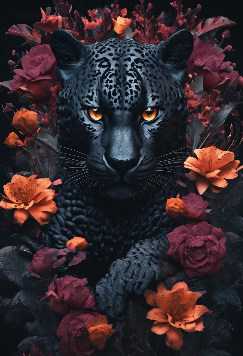 3d. Extremely detailed texture. Dark and gritty. Muted colors. a highly textured dark painting of a (black jaguar) Jaguar, surrounded by flowers and butterflies, inspired by Hedi Xandt, fantastic realism, beeple and tim hildebrandt, velvet art, sebastian kruger. Dark. Extreme detail. Shadows. Macro, sharp focus, Miki Asai Macro photography, close-up, hyper detailed, trending on artstation, sharp focus, studio photo, intricate details, highly detailed, by greg rutkowski
