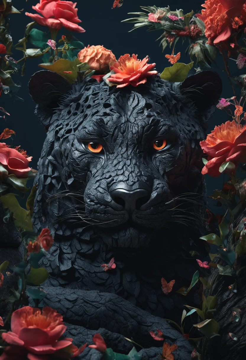 3d. Extremely detailed texture. Dark and gritty. Muted colors. a highly textured dark painting of a (black jaguar) Jaguar, surrounded by flowers and butterflies, inspired by Hedi Xandt, fantastic realism, beeple and tim hildebrandt, velvet art, sebastian kruger. Dark. Extreme detail. Shadows. Macro, sharp focus, Miki Asai Macro photography, close-up, hyper detailed, trending on artstation, sharp focus, studio photo, intricate details, highly detailed, by greg rutkowski