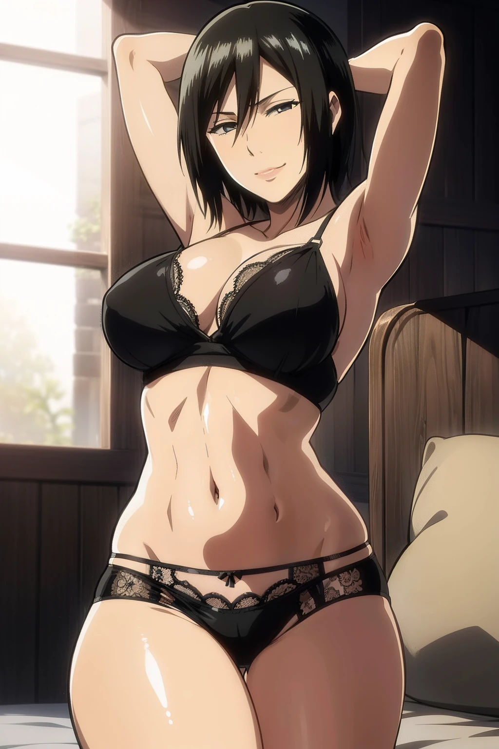 Dazzling, Armpits, intricate detailes, 1girl in, Mikasa Ackerman, (A dark-haired:1.3), hair between eye, short-haired, sideburns, s lips, shut, Yui, s lips, masterpiece, best qualtiy, hason, Baezon, Black eyes,Black eyes, muscle, medium breasts, gently smiling、Black underwear、Lace underwear、Erotic lace underwear