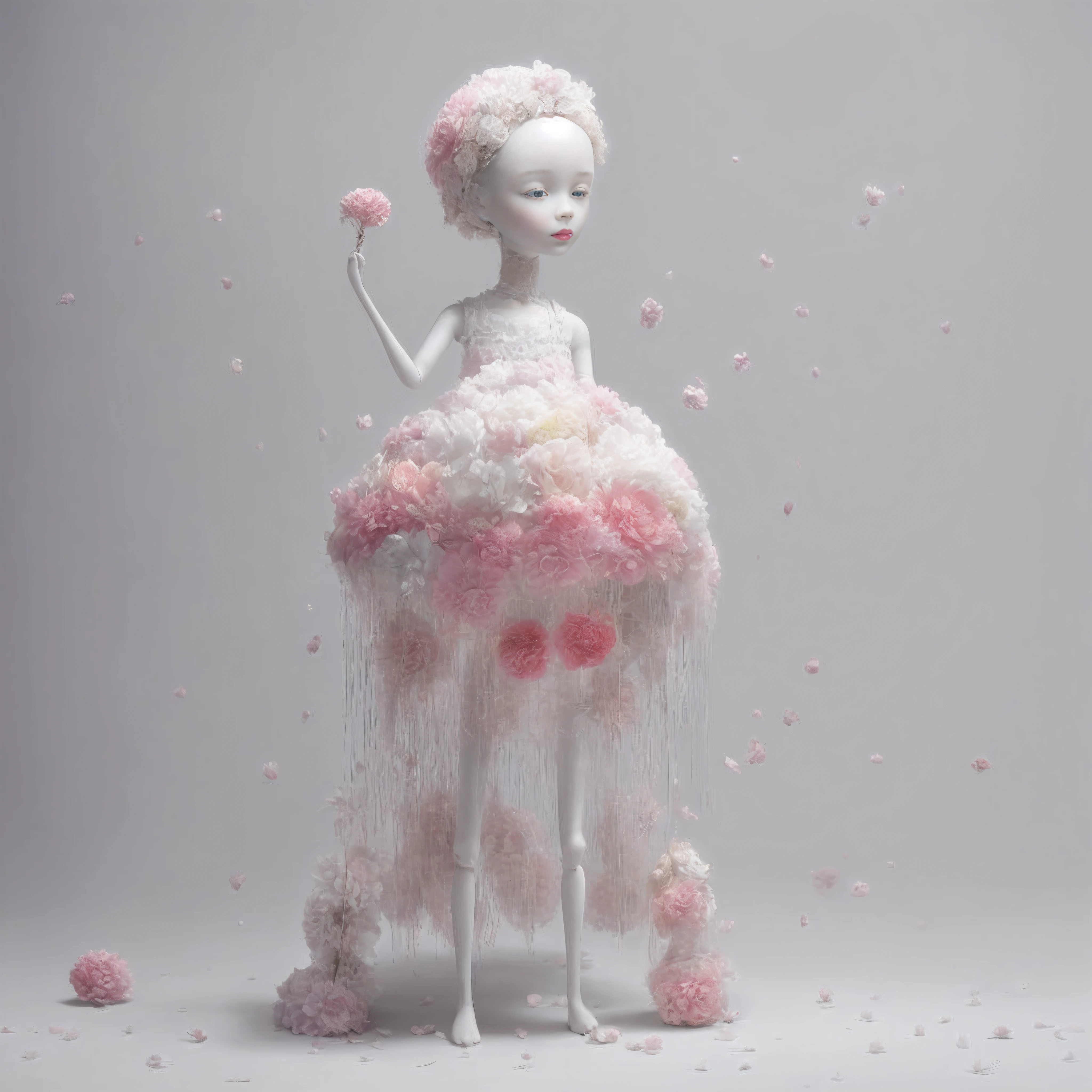 Close-up of a doll in a pink dress and flowers, the girl made out of flowers, made of flowers, inspired by Ray Caesar, with frozen flowers around her, a stunning young ethereal figure, humanoids overgrown with flowers, made of dried flowers, ethereal flowerpunk, Mark Ryden style
