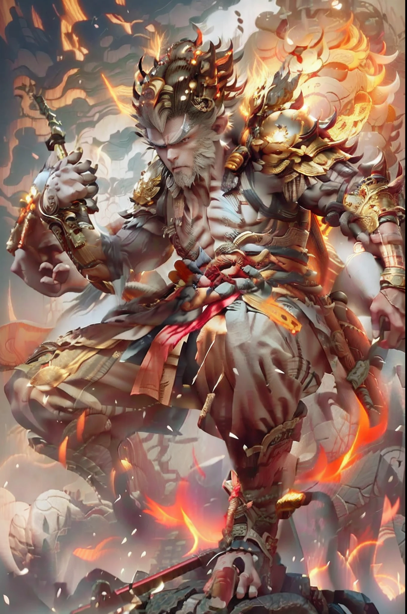 a close up of a man with a sword and fire in his hand, Full body standing painting, standing on your feet, son goku, Wukong, Monkey king, Inspired by Hu Zaobin, asura from chinese myth, by Yang J, legendary god holding spear, bian lian, G Liulian art style, inspired by Park Hua, drak, Keqing from Genshin Impact, colored concept art, Highly detailed character design, Highly detailed face, Inspired by Ai Xuan, very highly detailed face, unreal engine rendered, final fantasy 14 style