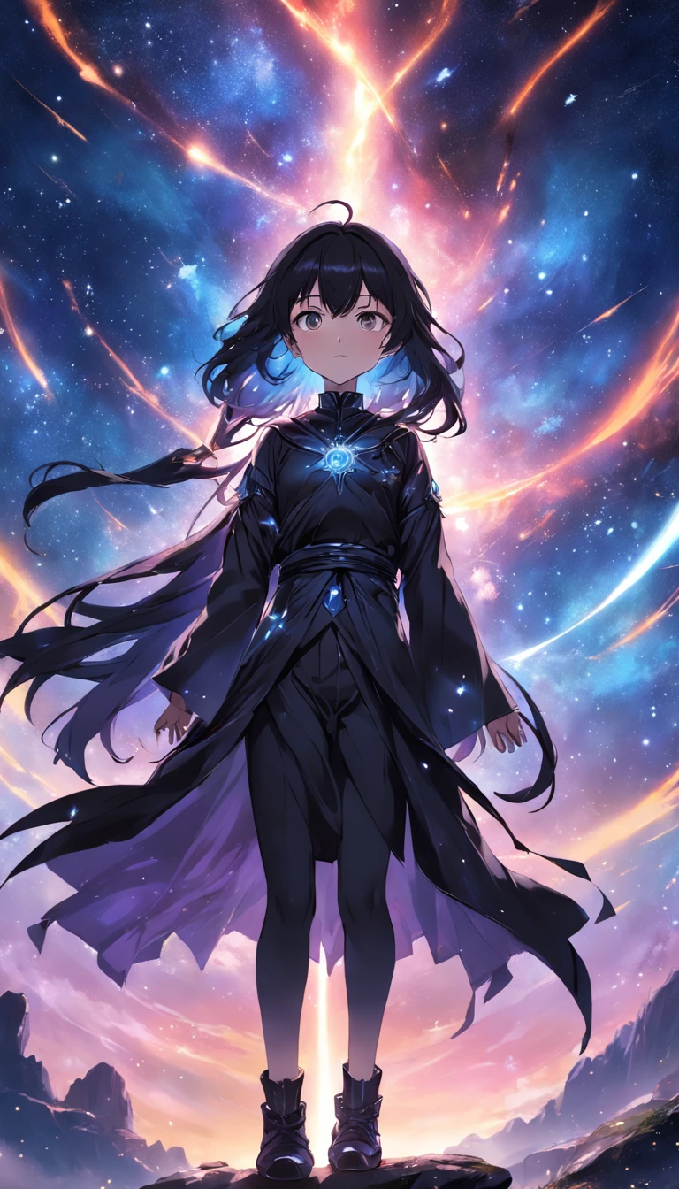 Um mago, with his black outfit conjuring a magic of light with the entire galactic starry sky,Magnificent,Luz das estrelas cintilante,ilimitado,Fantastic sights