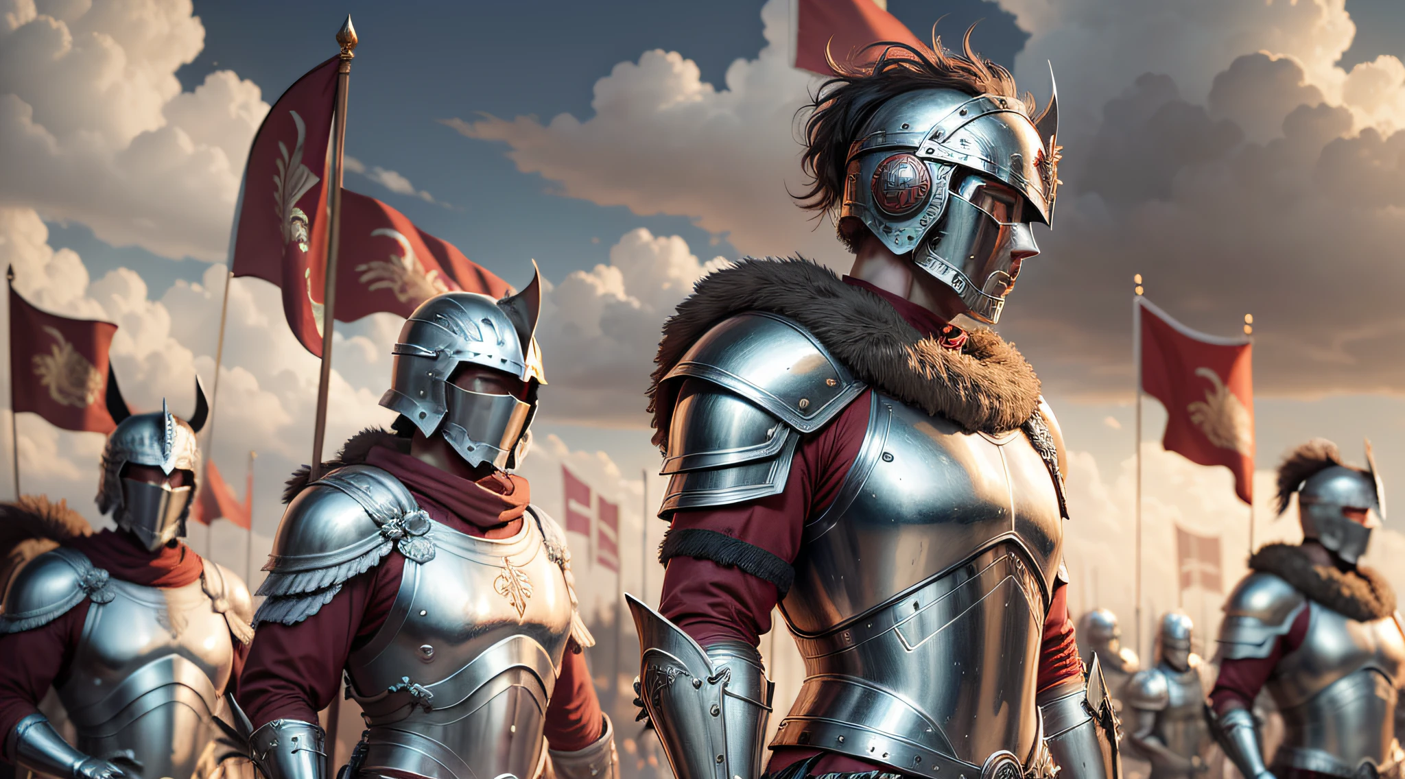 "ancient Roman soldiers in silver and bronze armor, metal masks, with red clothes marching, realistic depiction, detailed armor, disciplined formation, epic atmosphere."