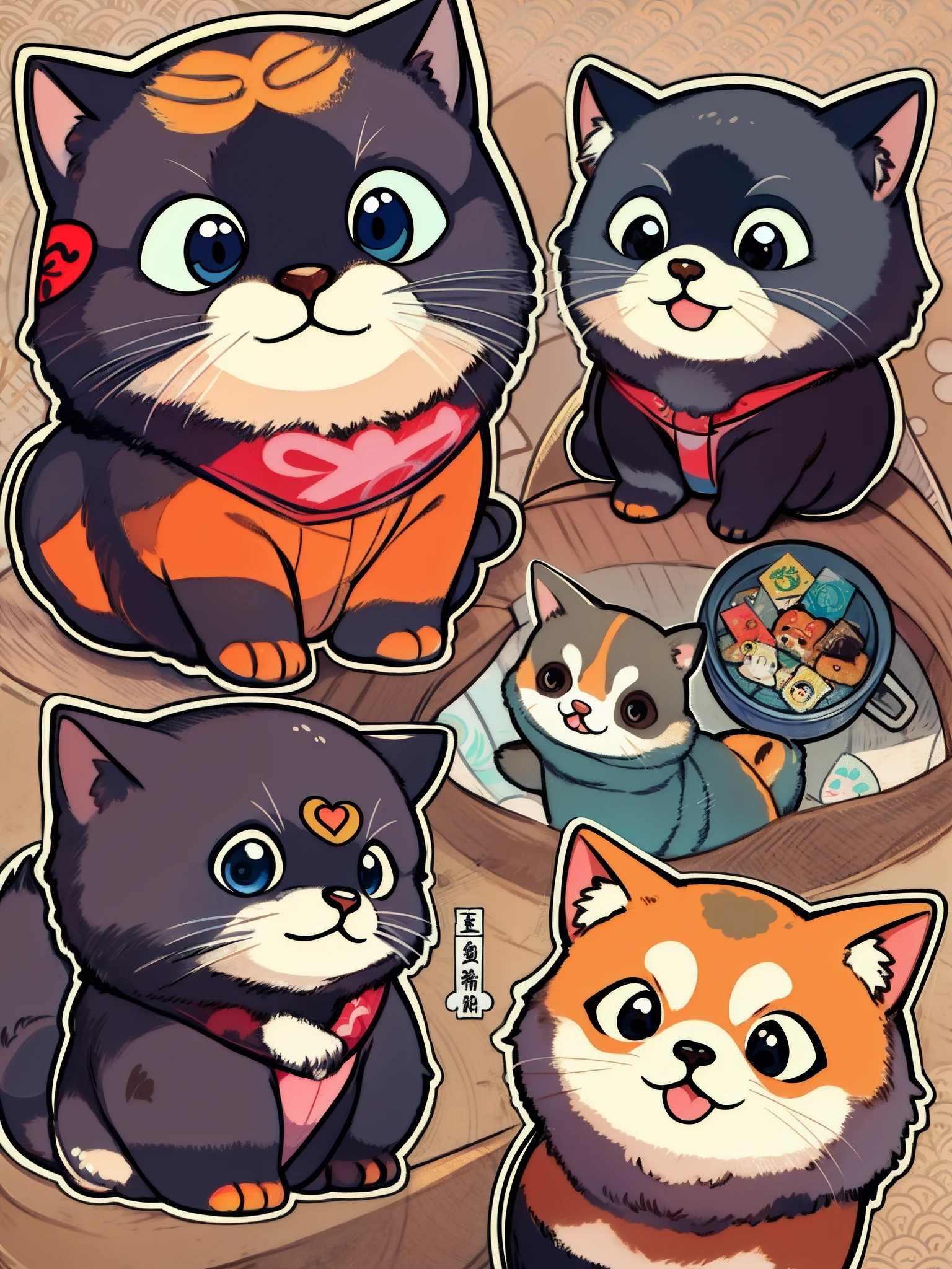there are many different animals and words written in chinese, hand painted cartoon art style, art cover, kawaii cutest sticker ever, sticker illustration, by Shiba Kōkan, by Kōno Michisei, cute features, 中 元 节, by Gusukuma Seihō, stickers illustrations, cute characters