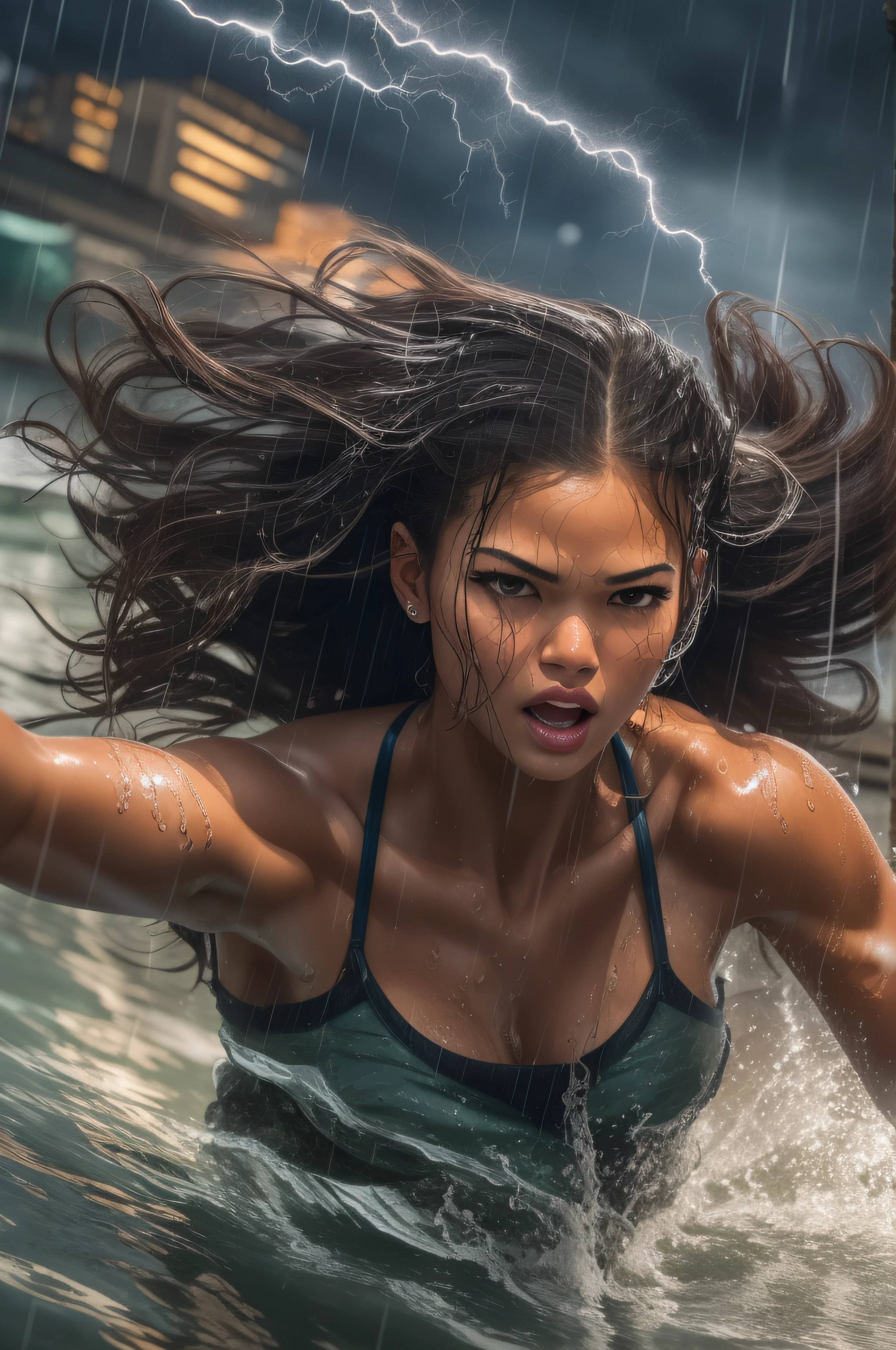A very violent current plagues the staff. bright lightning beams flash through the sky everywhere. There is also a violent wind, and the water are everywhere at and height of one meter. A dark brown-haired photographically ebony and muscular 25-year-old naked Zendaya as she runs along the quay of a river flowing through a futuristic Egyptian city with her wet hair and clothes flapping in the rough wind. attractive body :1.4), sit-ups :1.1, ), (wet rainy, wet by rain, wet body :1.2), ((thin waist)), ultra-detailed face, detailed lips, detailed eyes, double eyelid, visible veins and curves, pool party, pool.