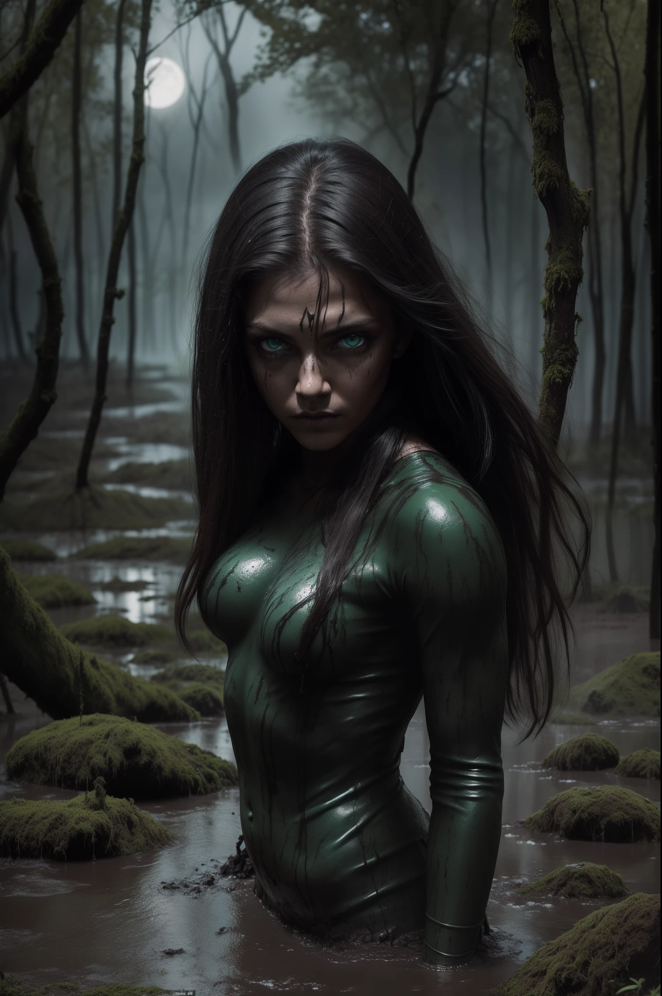 handsome girl, Big green eyes, BDSM, The warrior walks on the black bolt , Moss and bubbling black mud all around, Brave Strong, An evil expression on his face, makes his way through a black muddy swamp, night sky, luna, snags and roots stick out everywhere, Dark tones , realistness, tmasterpiece