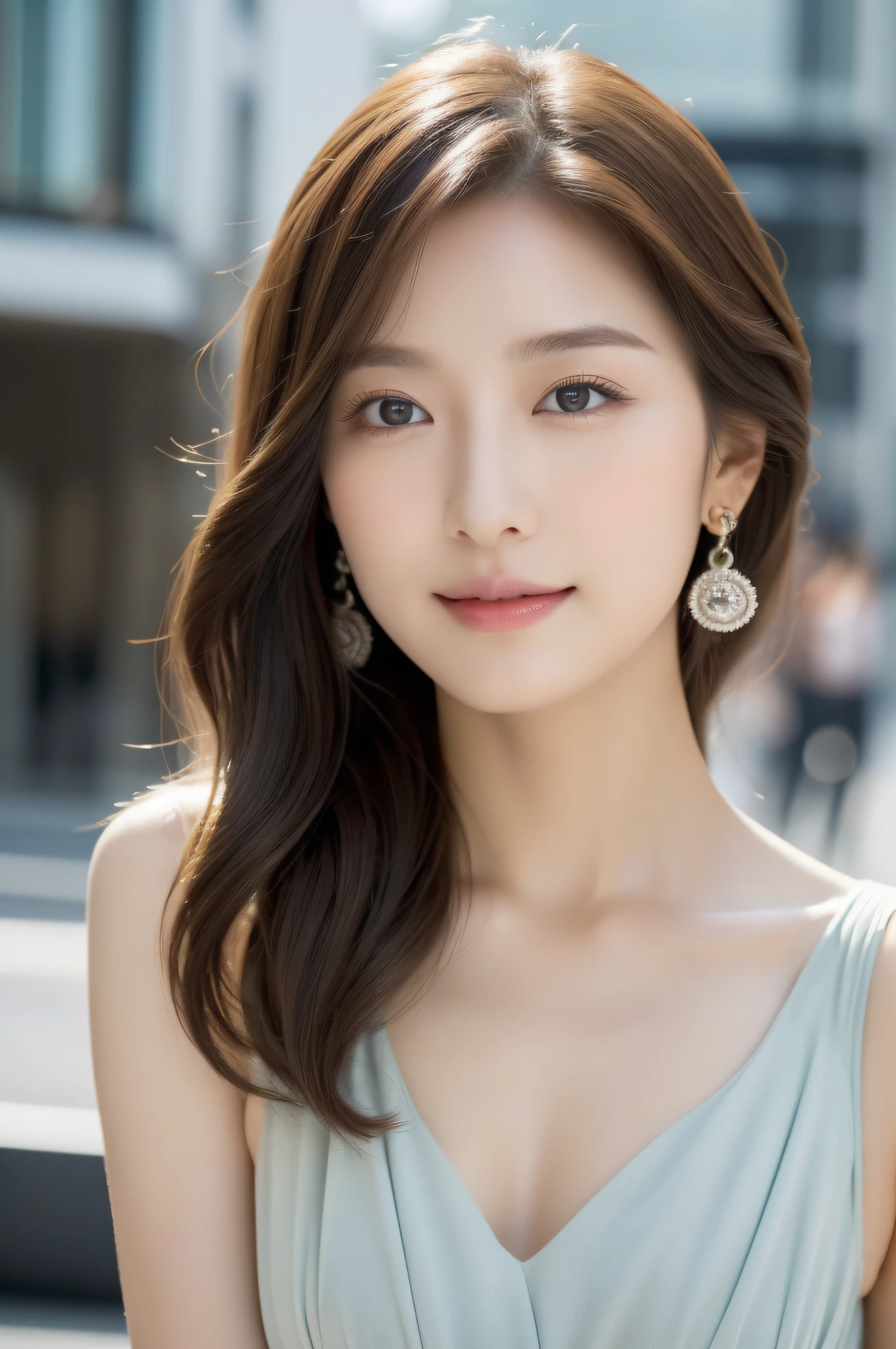 (((16K, Very High Resolution, High Detail, High Definition, Masterpiece))),Photography & Realistic Atmosphere,shinny skin,Beautiful skin,fine-grained white skin,Faces depicted in detail,Eyes depicted in detail、Dark green eyes,Very pretty eyes,detailed lips、amazing face,Very well-formed face、lifelike face,Glossy and beautiful lips,Beautiful eyebrows,Detailed backgrounds,The city of Roppongi、Delicate makeup,Perfect natural makeup for professional stylists(((16K, Very High Resolution, High Detail, High Definition, Masterpiece))),Japan idle,韓国アイドル,Very beautiful woman,Very beautiful girl,very shapely breasts、Ornaments that match beautiful fashion（Necklaces, Bracelets, Rings, Earrings, Bags）Adornments designed in every detail,Beautiful women's fashion,Very stylish and beautiful fashion,Spring-Summer Fashion,Overall high exposure,Very beautiful Japan woman,age19～23years old,A short length dress with a beautiful silhouette that is very particular about the fabric,A dress that is carefully made in every detail,One piece with a beautiful pattern,Detailed build pin heel sandals,Beautiful pin-heeled sandals,Very beautiful hair with brown hair and luster,Stylish and very beautiful medium hair,Teary-eyed,Gentle smile,Natural perspective,Posing like a model,High-definition Roppongi city as a background