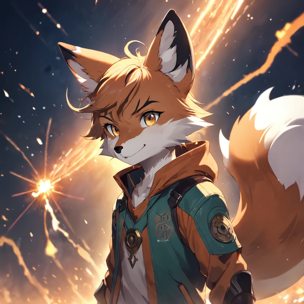depth of fields,perfect lighting,light particles,(best quality),(tmasterpiece),(Ultra - Detailed),sharp focus,light particles,Niji,fox,male,god eyes,green_eye,Looking_in_viewer,smile,so little,furry, bicho_orelha_fluff,open sky_Attire,Crossed waist with one hand,upper body,tail,short-sleeved shirt,eyeglasses,sunbeams,soft smile,from below,holding coffee(Fox, furry, anthropomorphic), Male, Best quality, human-like body figure), looking at viewer with orange hoodie and sunglasses holding cell phone, fox, avatar image, with futuristic outfit, CGSetnation ),like, professional art, CGsociety - W 1 0 2 4 - N 8 - I,The name is Kan, your name is Kan