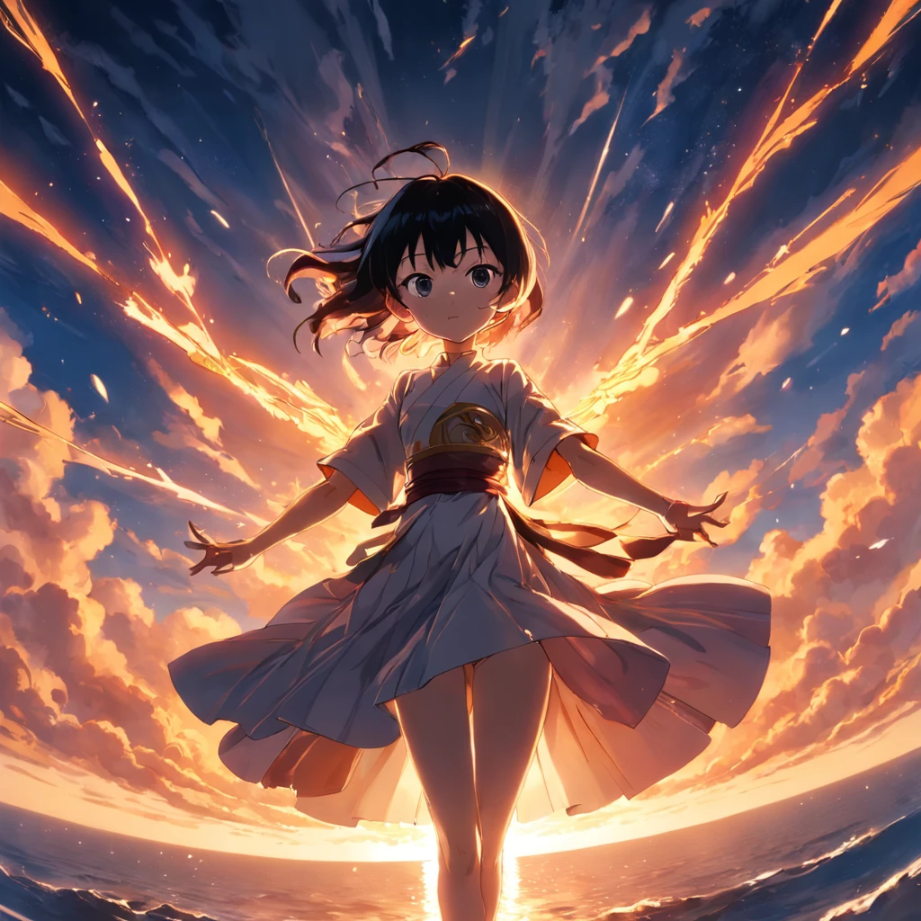 obra-prima, melhor qualidade, filme ainda, black saitama, floating into the sky, close-up, brilhante, feliz, Soft lighting and Warm, sun sunset, (Sparks: 0,7)