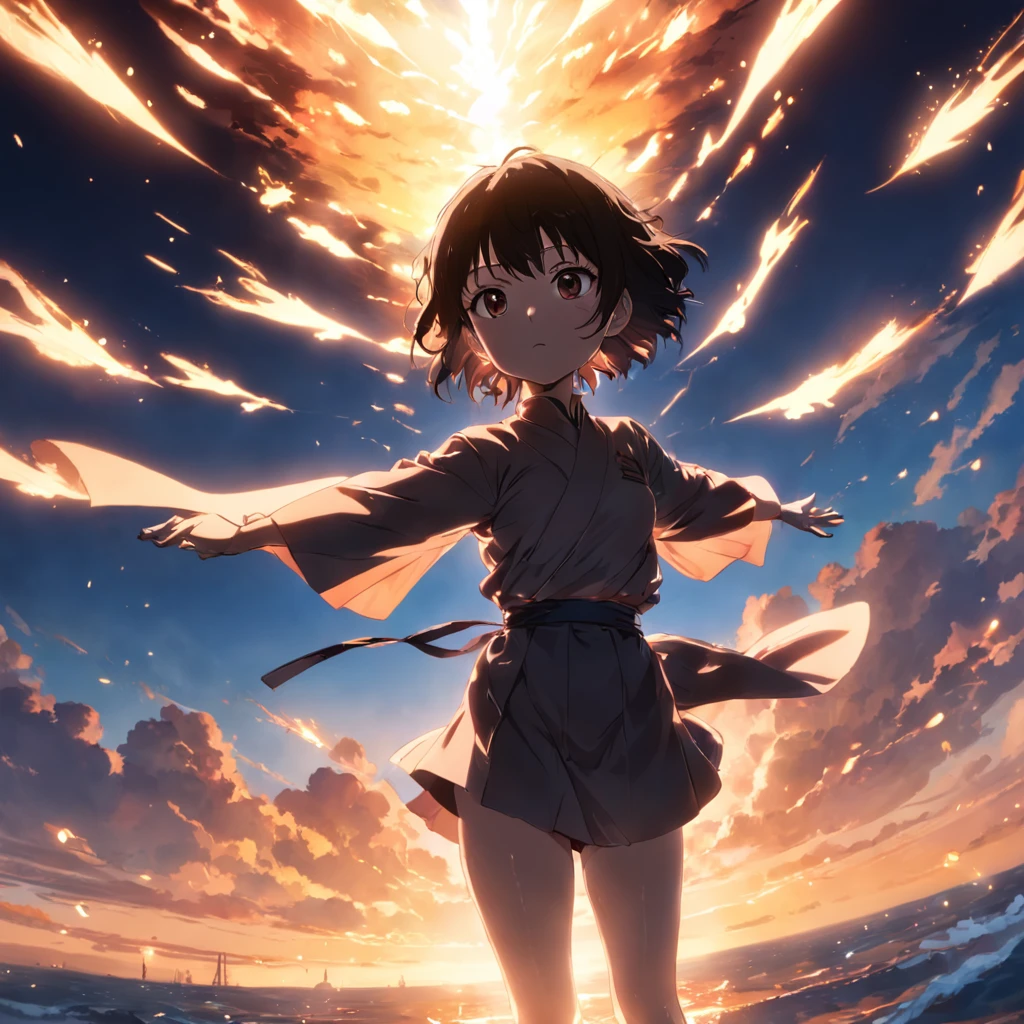 obra-prima, melhor qualidade, filme ainda, black saitama, floating into the sky, close-up, brilhante, feliz, Soft lighting and Warm, sun sunset, (Sparks: 0,7)