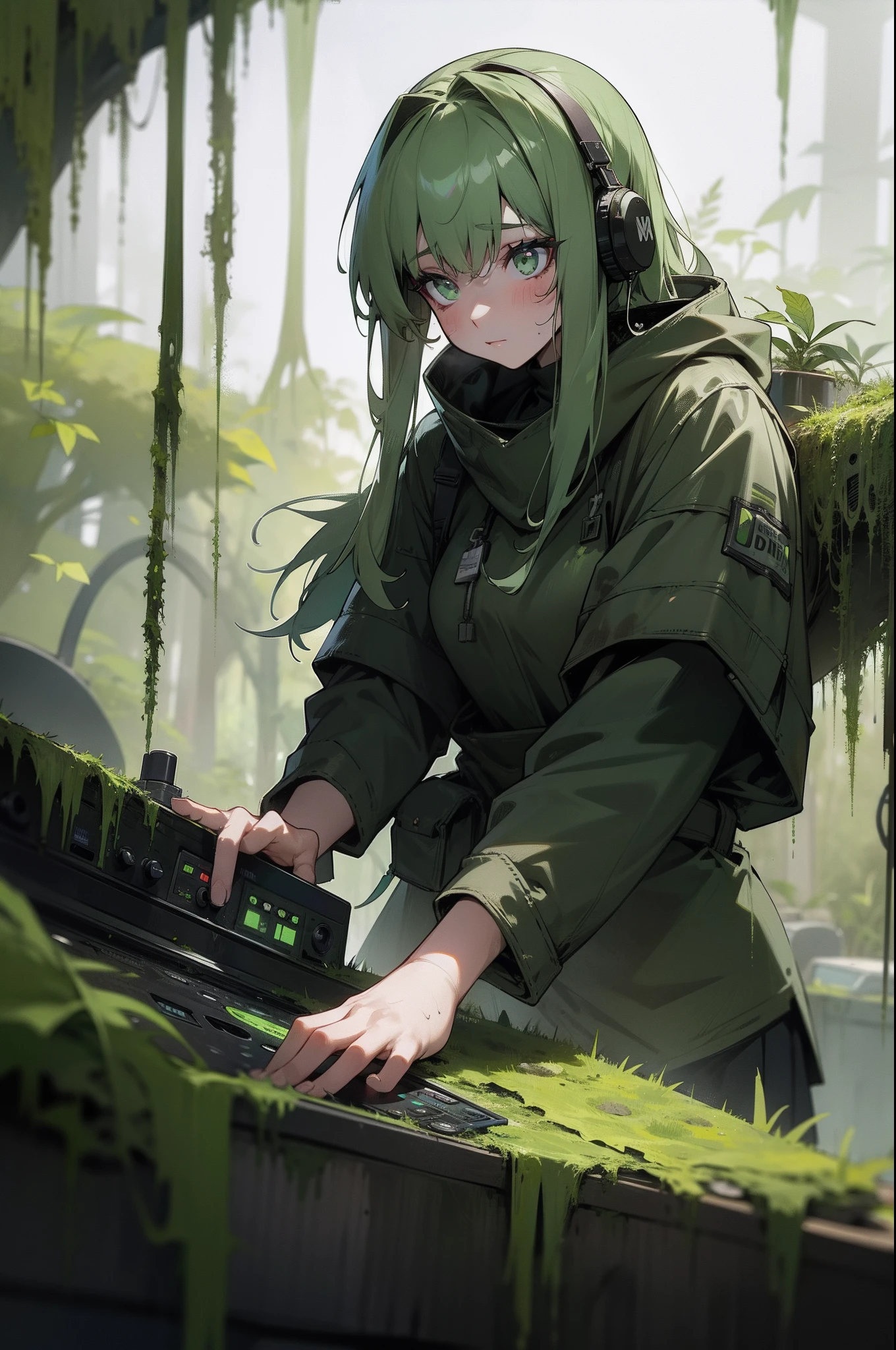 female wrapped in overgrown wet dirty moss djing on a swamp mossy dj viynls mixer