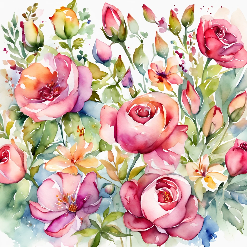 Grinaldas, molduras florais, delicadas flores de aquarela em tons de rosa e rosas vibrantes, Captivating illustration.