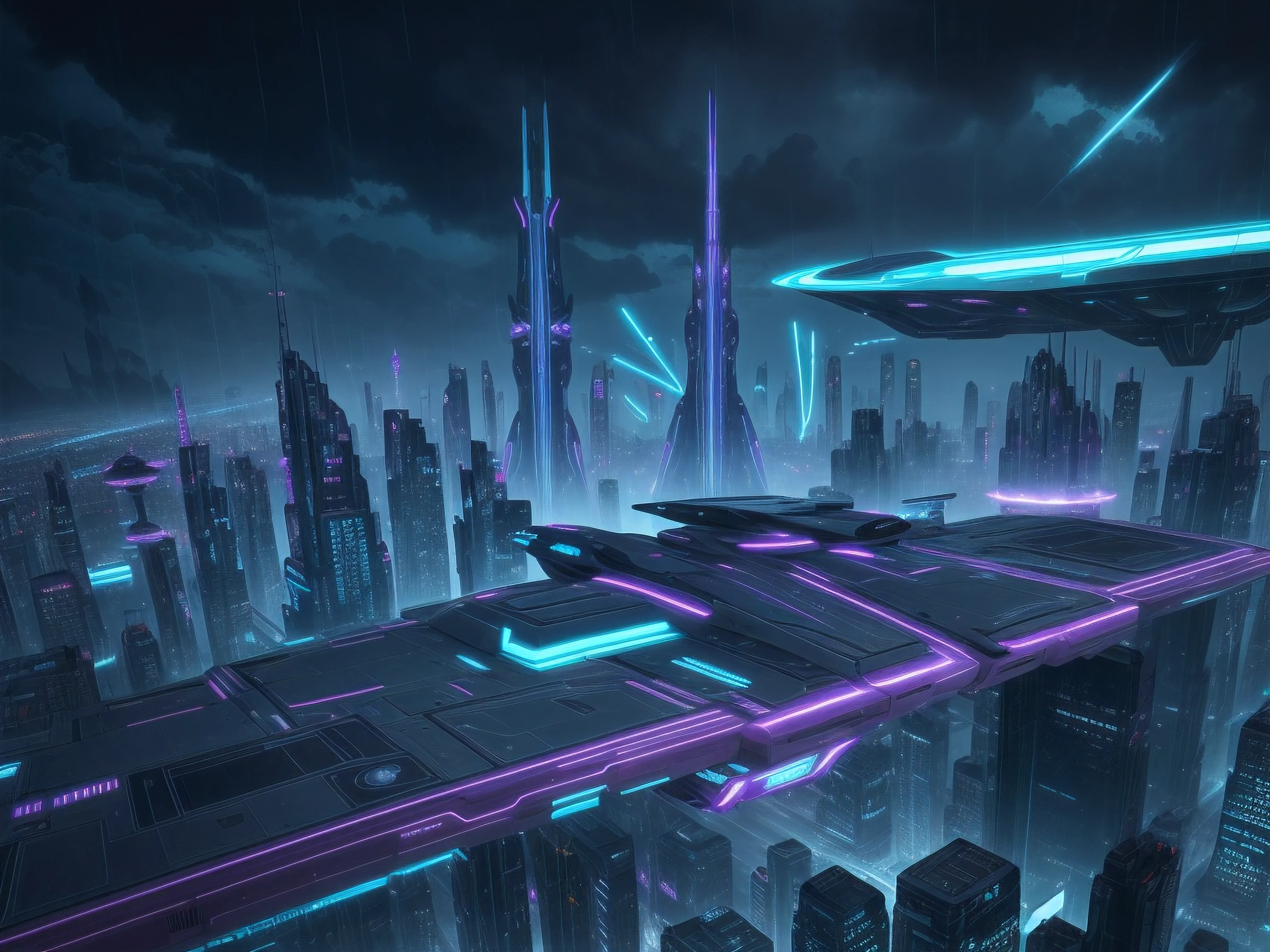 Create an aerial image of a futuristic city, full of futuristic buildings with highly stylized designs that defy gravity. With flying transport vehicles. All in shades of blue, green and purple under the rain with neon flashes and a long-lasting style. Hyper realistic, 8K