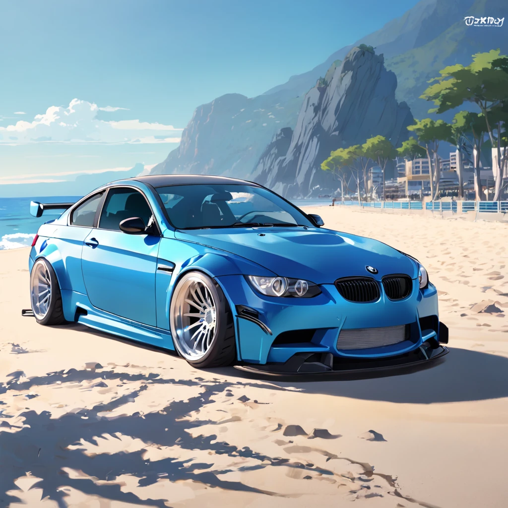a monaco-blue bmw e92 with liberty walk bodykit, riding on beach, in sunshine morning