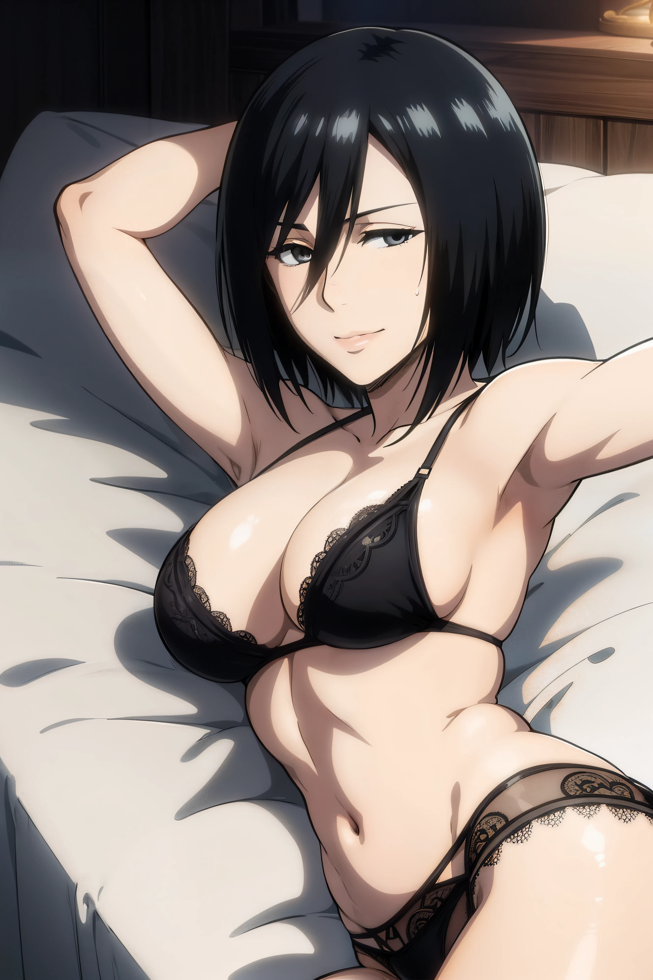 Dazzling, Armpits, intricate detailes, 1girl in, Mikasa Ackerman, (A dark-haired:1.3), hair between eye, short-haired, sideburns, s lips, shut, Yui, s lips, ​masterpiece, best qualtiy, hason, Baezon, Black eyes,Black eyes, muscle, medium breasts, gently smiling、Black underwear、Lace underwear、Erotic lace underwear、lie on bed