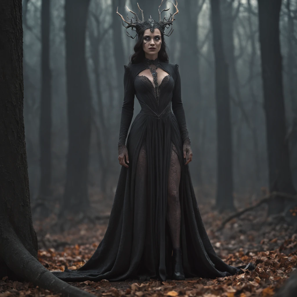 A mysterious witch, perfect butt, sexiest clothes, multicolor chaos energy, standing in a dark forest of barren trees, glowing with a powerful energy. Realistic, stunning realistic photograph, 3d render, octane render, intricately detailed, cinematic, trending on artstation, Isometric, Centered hipereallistic cover photo, awesome full color, hand drawn, dark, gritty, mucha, klimt, erte 12k, high definition, cinematic, neoprene, behance contest winner, portrait featured on unsplash, stylized digital art, smooth, ultra high definition, 8k, unreal engine 5, ultra sharp focus, intricate artwork masterpiece, ominous, epic, TanvirTamim, trending on artstation, by artgerm, h. r. giger and beksinski, highly detailed, vibrant