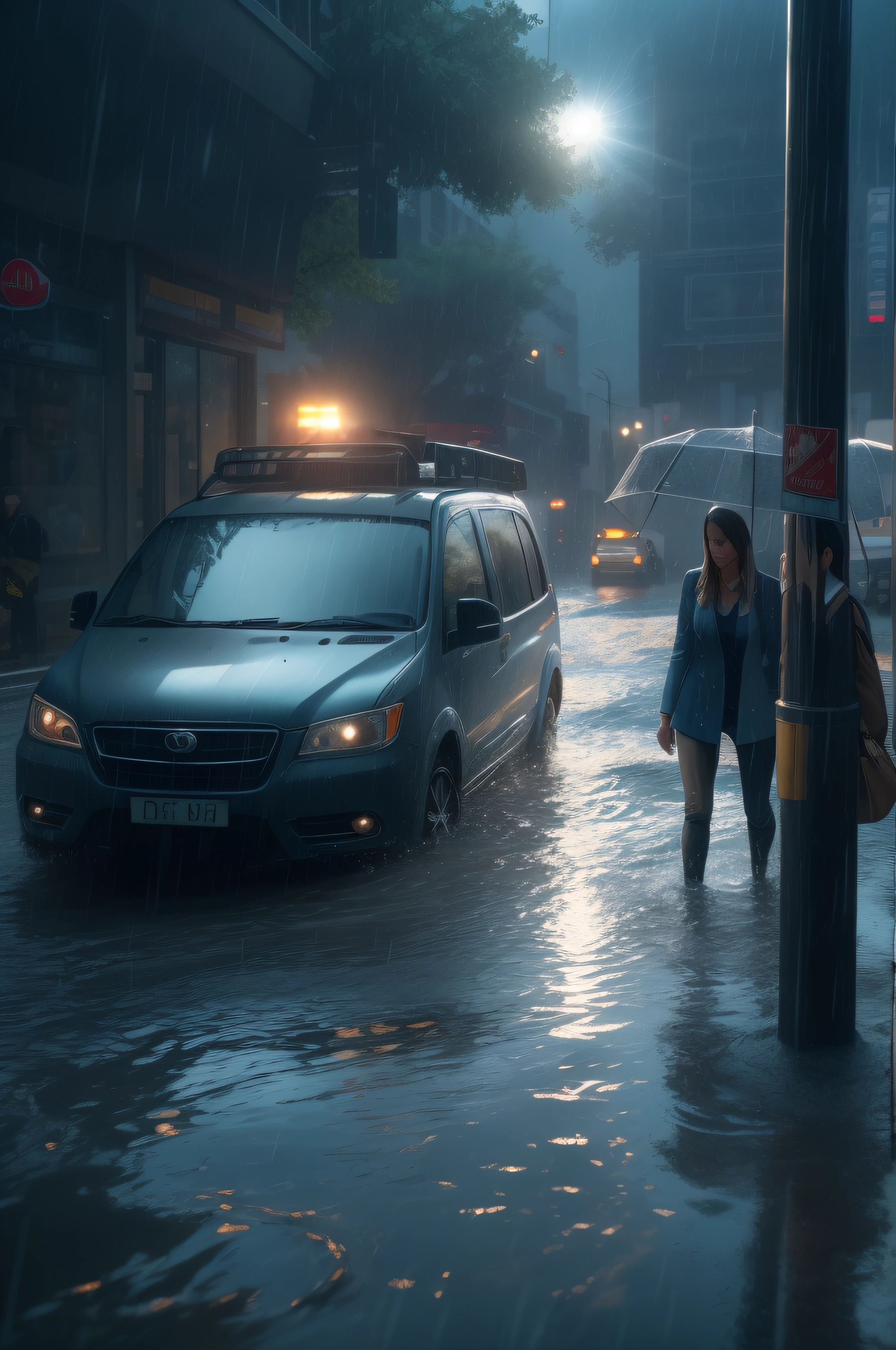 A very violent current plagues the staff. bright lightning beams flash through the sky everywhere. There is also a violent wind and the water are everywhere at and height of 70 centimeters. Four women with exceptionally long very wet hair and huge breasts on the way to their daily work, waiting for the bus on a busy street. Dressed in very wet and strict office wear, super detailed photography, Play of light in the sun rain, downpour, ((a drop of water falling from a height onto the surface of the water)), splashes, luminism, intricate, 4k concept art volumetric light, unrealistic engine, global illumination, detailed environment.