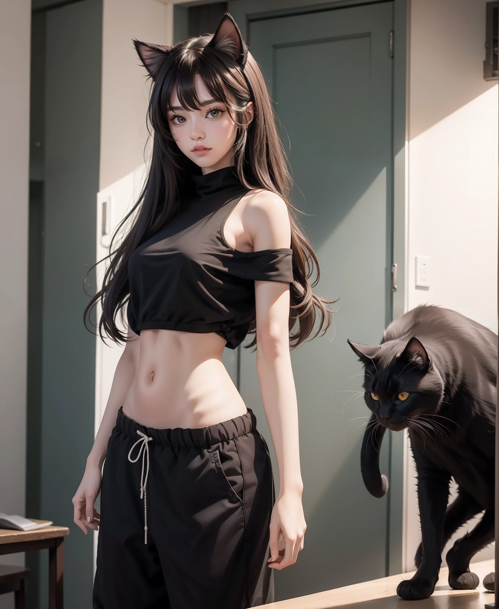 Mujer musculosa, Athletic woman, wolf girl, Adulto joven, Abs, pecho grande, brazos musculosos, piernas musculosas, Pantalones de yoga negros ajustados, camiseta blanca ajustada, ojos amarillos, Orejas de lobo, Cola de lobo, botas marrones, type would be, Abs, Cola de lobo larga, 8k, boca cerrada, Thicc, muslos enormes, detailed muscles, baroque interior